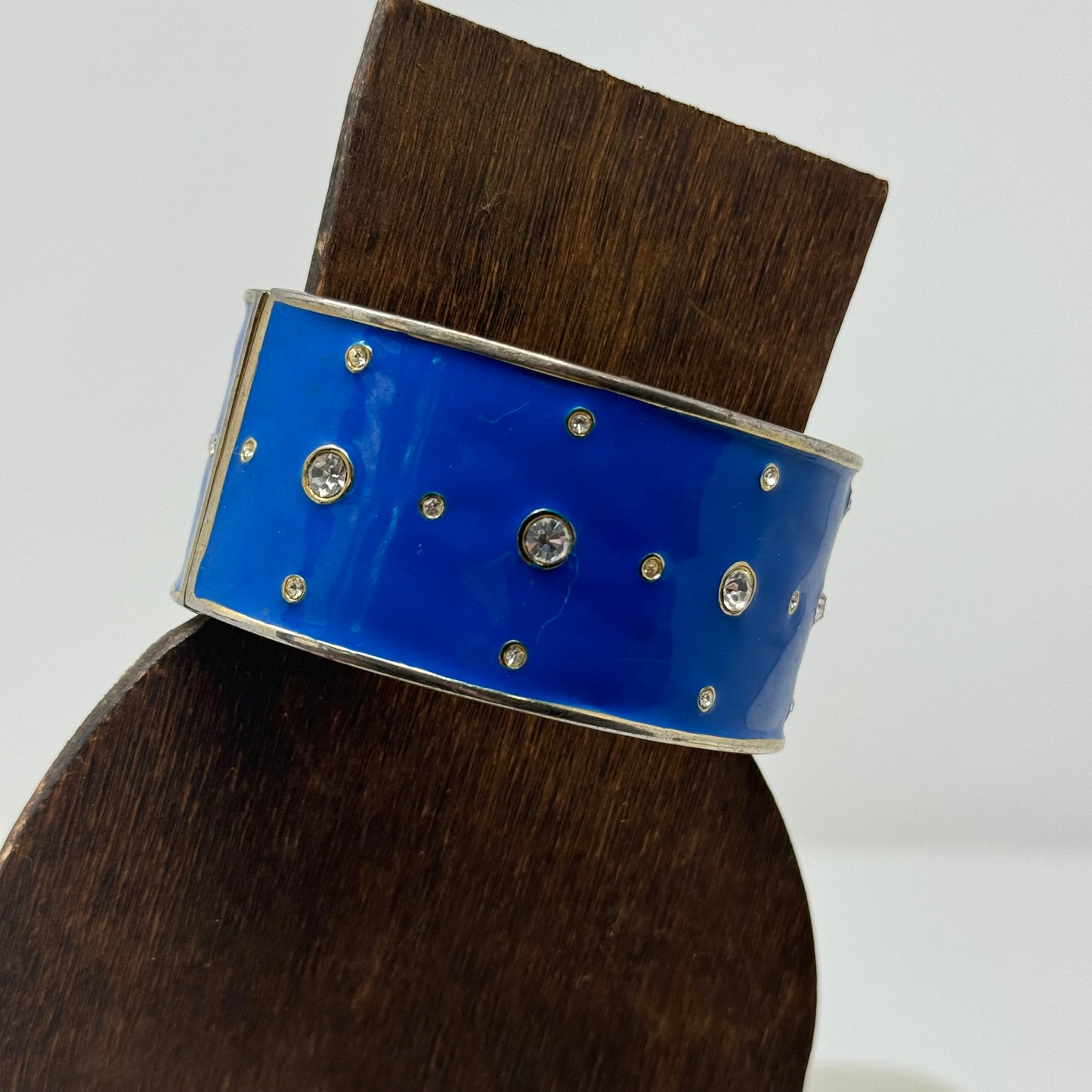 Bracelet Blue Wide Metal Cuff Rhinestone Hinge Bangle 7.5 in Costume Jewelry