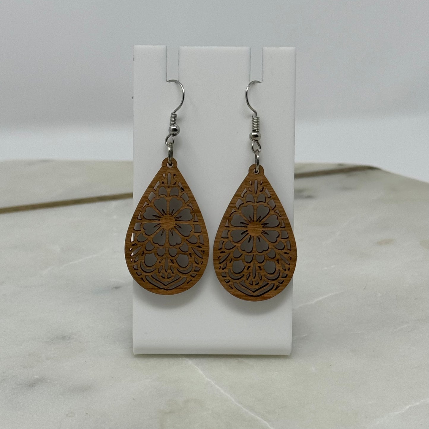 Earrings Boho Woodgrain Intricate Flower Teardrop Hook Dangles 2.5 Inch Drop Brown