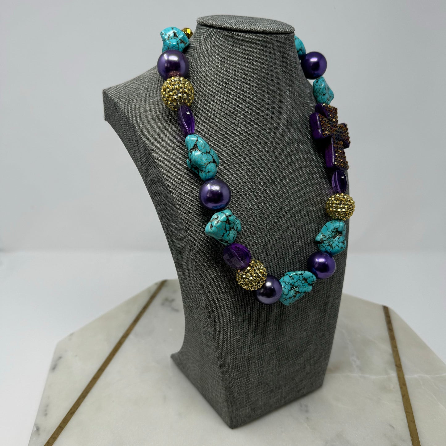 Necklace Boho Southwest Statement Chunky Beaded Pearl Purple Turquoise 20 in