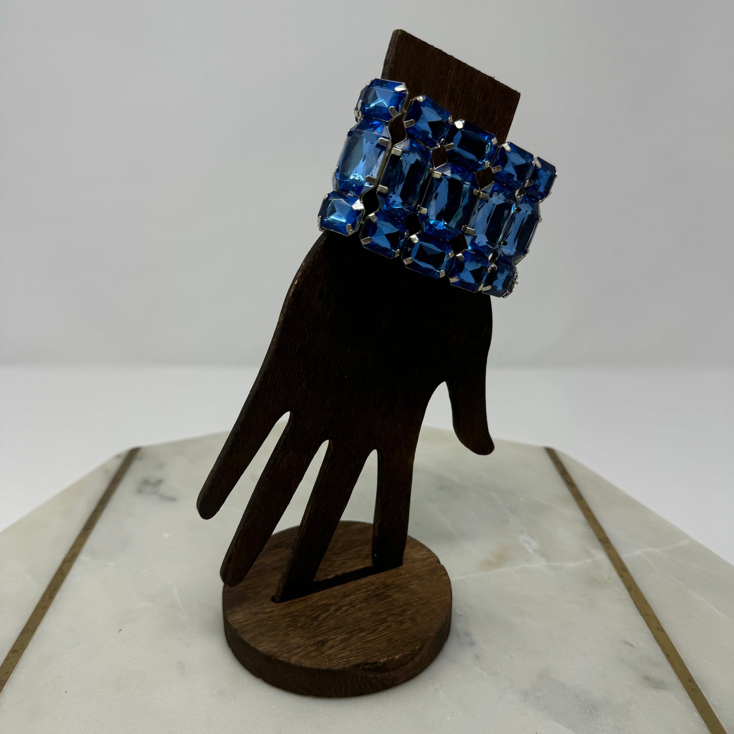 Vintage Blue Rhinestone Bracelet - Art Deco Style, Statement Jewelry, Silver Tone Glam Bangle