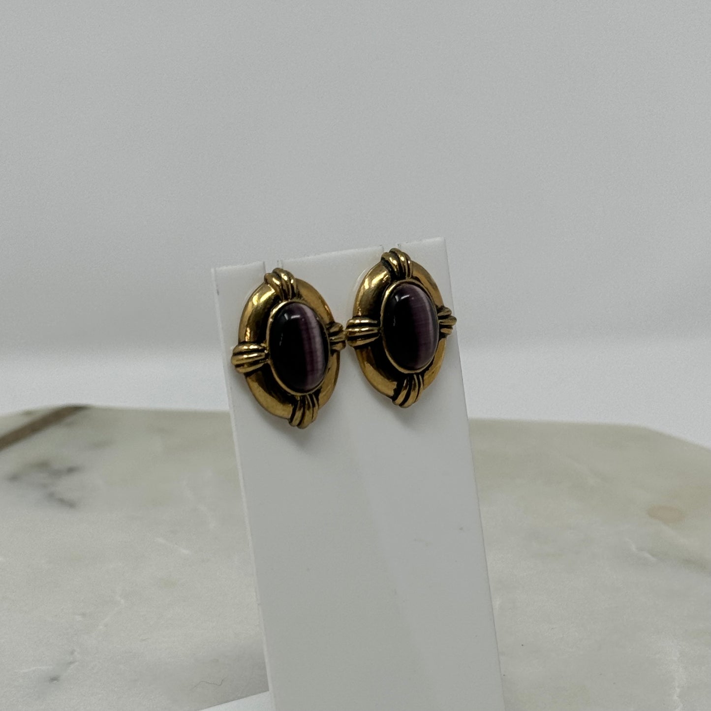 Avon Earrings Boho Southwest Purple Cat Eye 1 in Gold Tone Stud Costume Jewelry