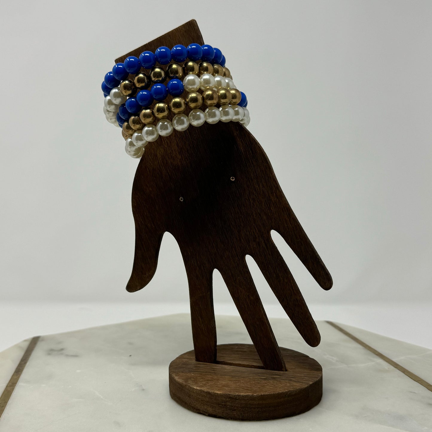 Vintage Royal Blue, Gold & Pearl Wire Wrap Bracelet