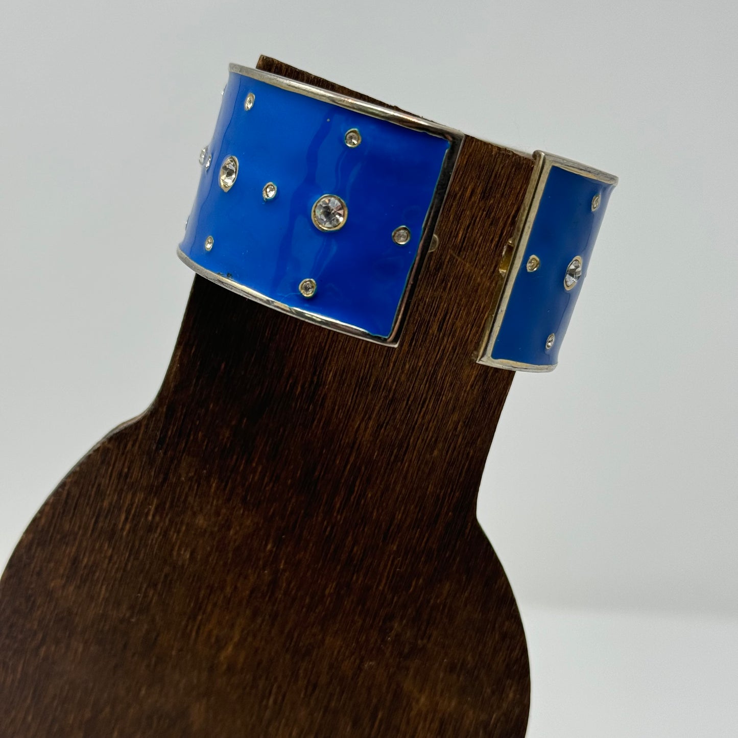 Bracelet Blue Wide Metal Cuff Rhinestone Hinge Bangle 7.5 in Costume Jewelry