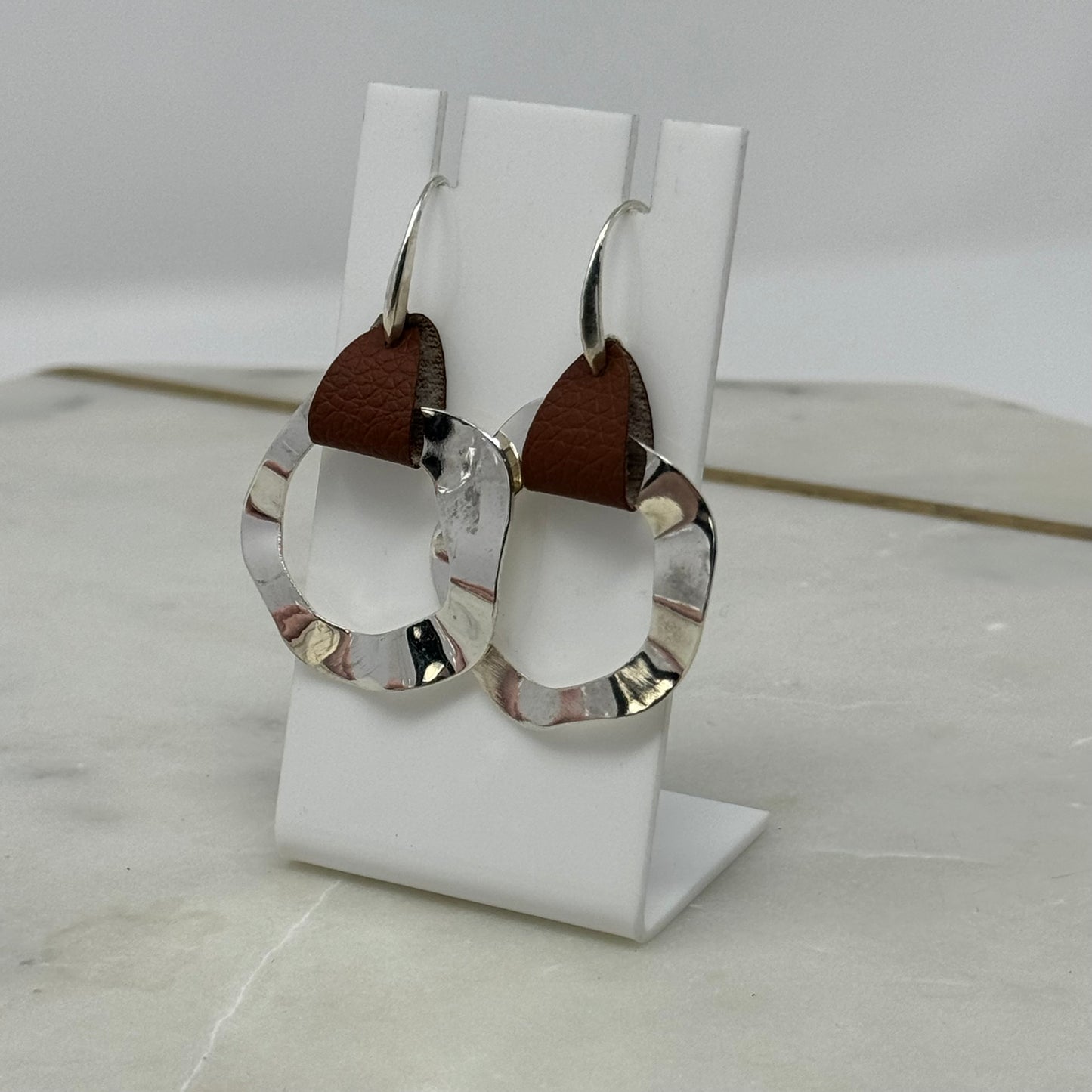 Earrings Boho Modern Southwest Leather Silver Tone Abstract Artisan Dangle Hook 2.5 in