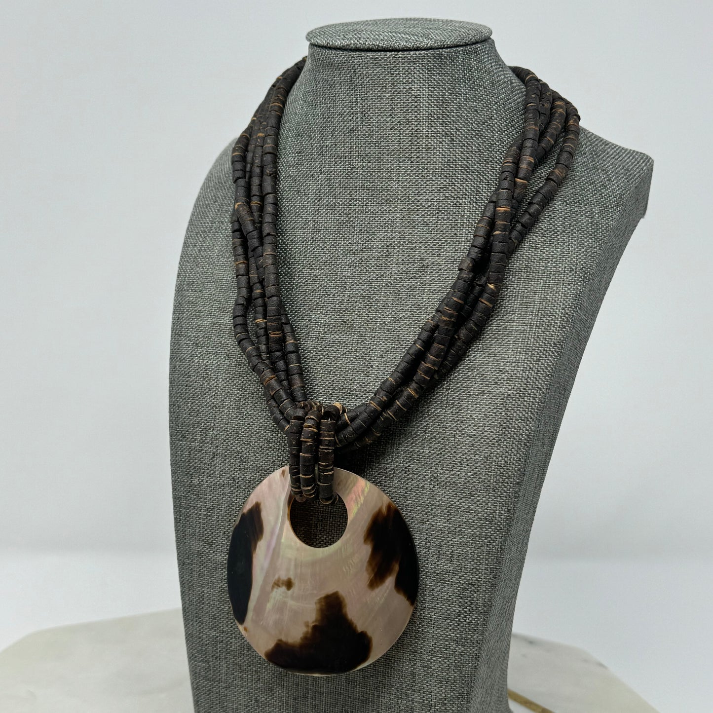 Boho Brown Beaded Necklace Large Shell Pendant Multi-Strand Brown Handmade Statement Jewelry