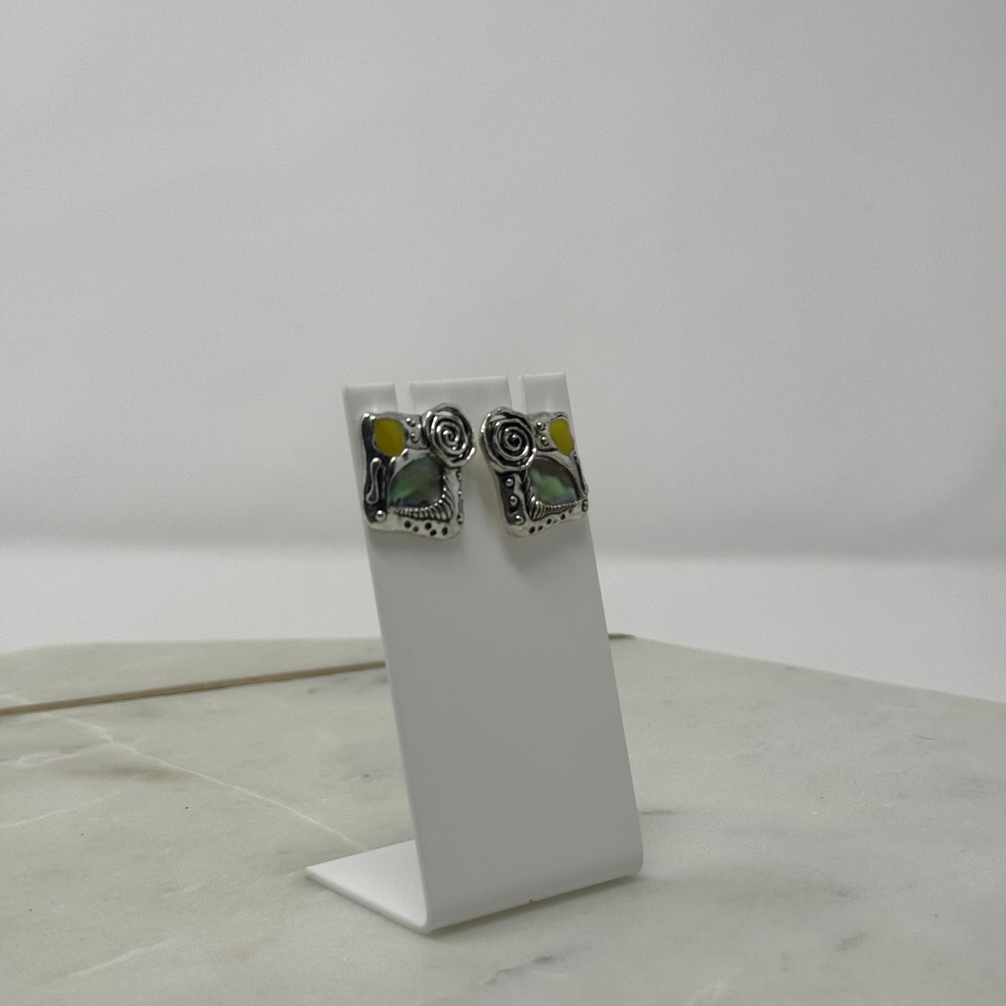 Green & Yellow Square Eclectic Silver Stud Earrings