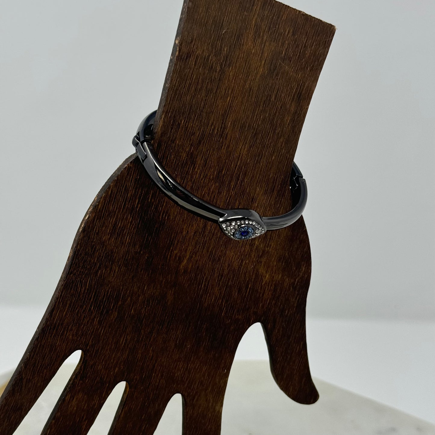 Bracelet Boho Blue Eye Rhinestone Metal Hinge Bangle Gun Metal Tone 7.75 in