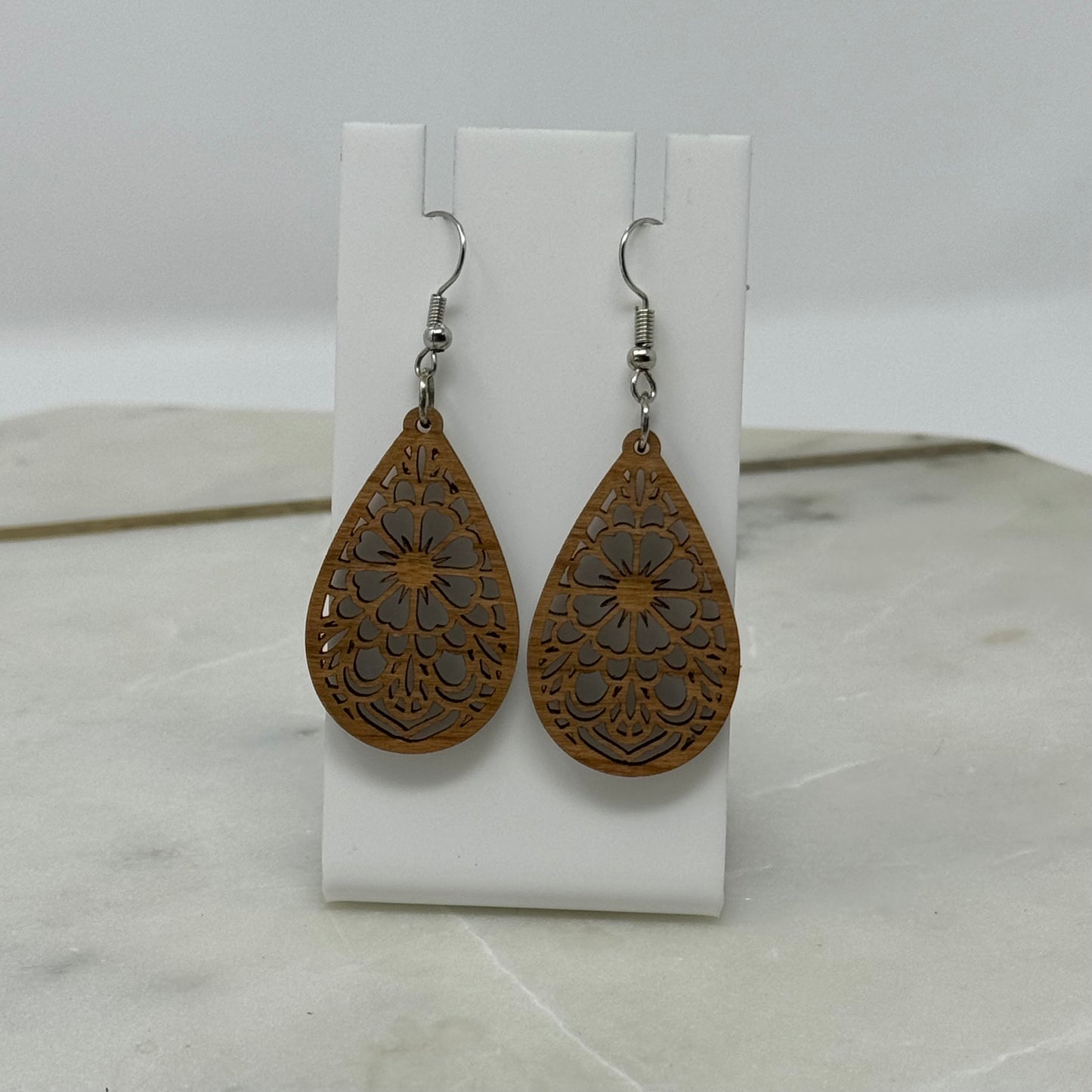 Earrings Boho Woodgrain Intricate Flower Teardrop Hook Dangles 2.5 Inch Drop Brown
