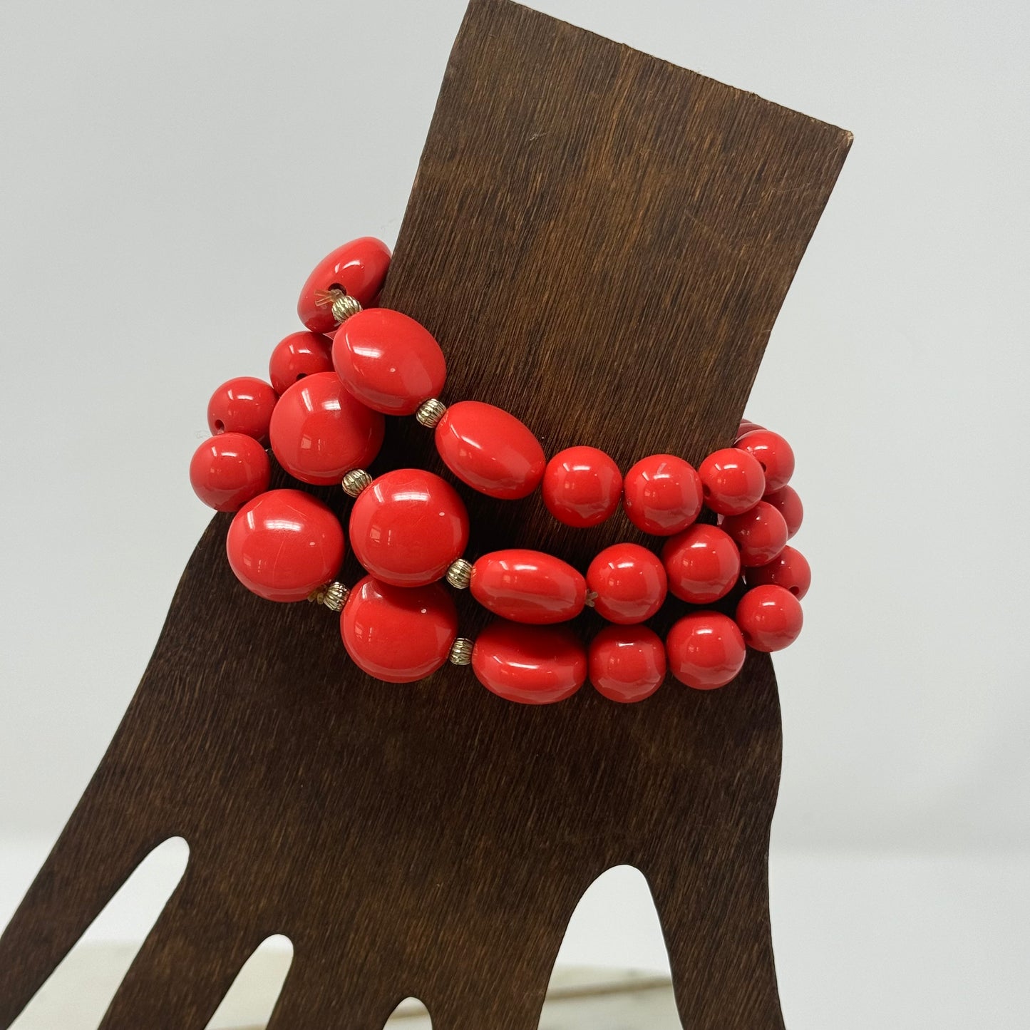 Bracelet Stretch Red Beaded Strands Gold Spacer Set of 3 Stackable Bangles 8 in Costume Jewelry