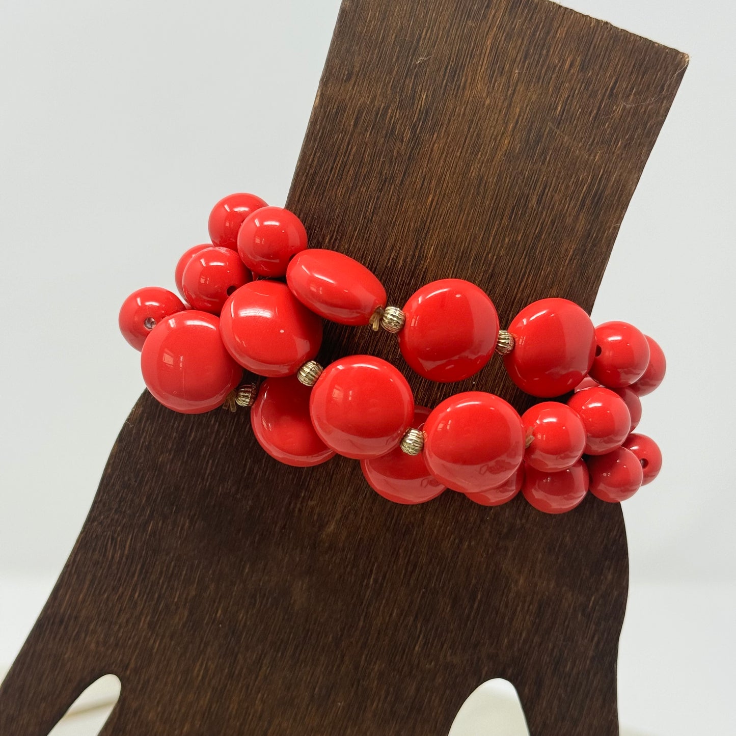Bracelet Stretch Red Beaded Strands Gold Spacer Set of 3 Stackable Bangles 8 in Costume Jewelry