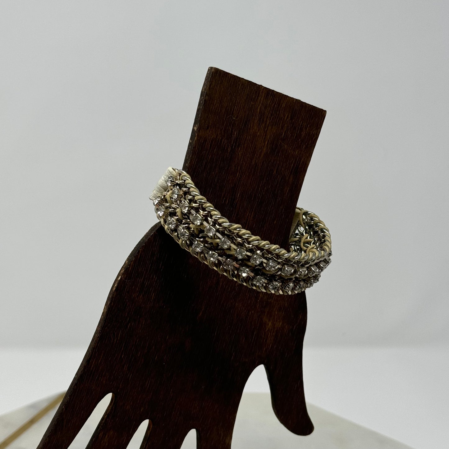 Bracelet Boho Southwest Woven Braided Beige Leather Silvertone Rhinestone Cuff Bangle 7.75 in