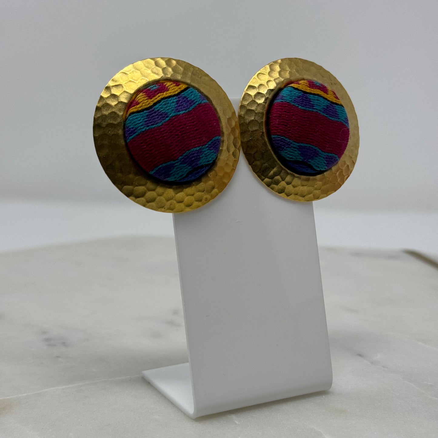 1990’s Boho Large Round Gold Hammered Post Earrings