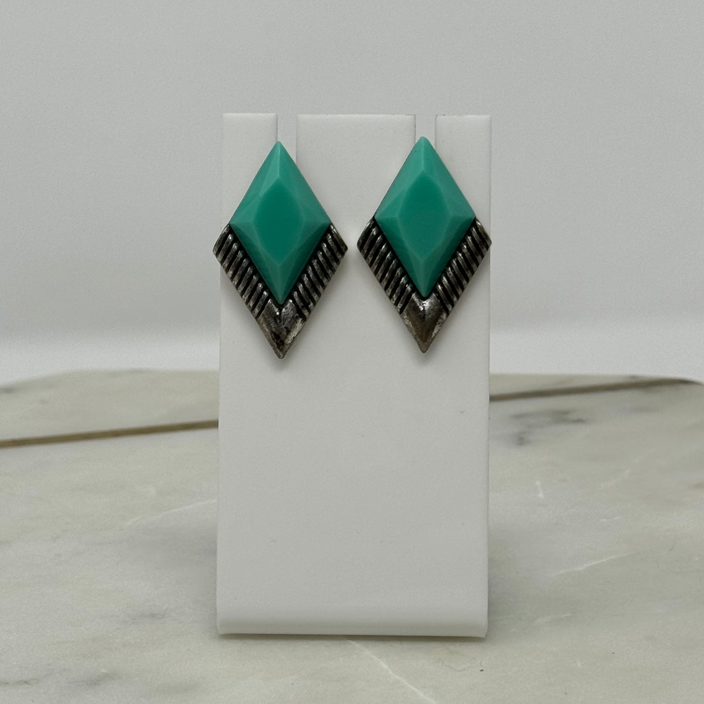 Earrings Boho Southwest Blue Turquoise Silver Tone 1.5 in Drop Stud Costume Jewelry