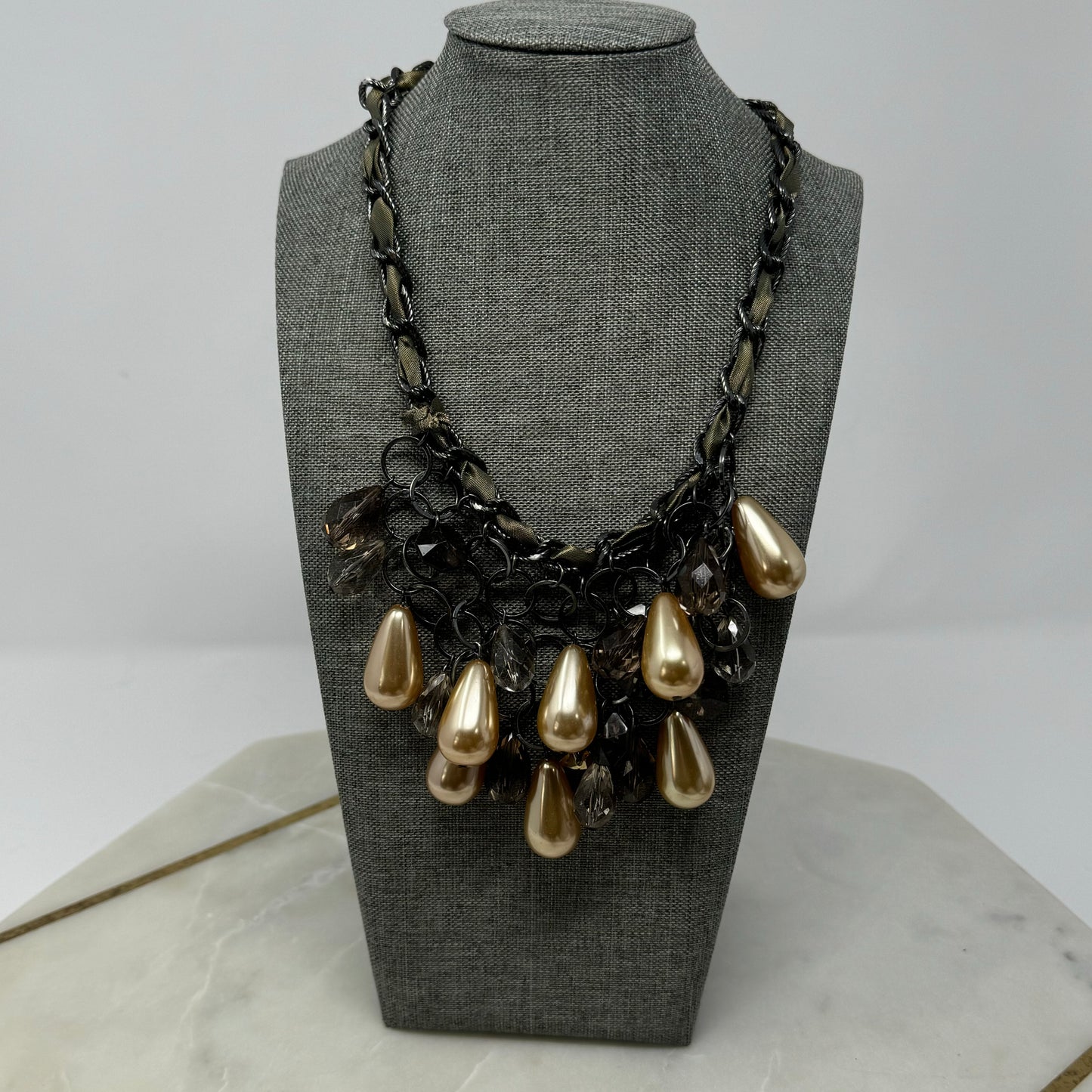 Necklace Boho Layer Statement Beaded Teardrop Faux Pearl Metallic 15”