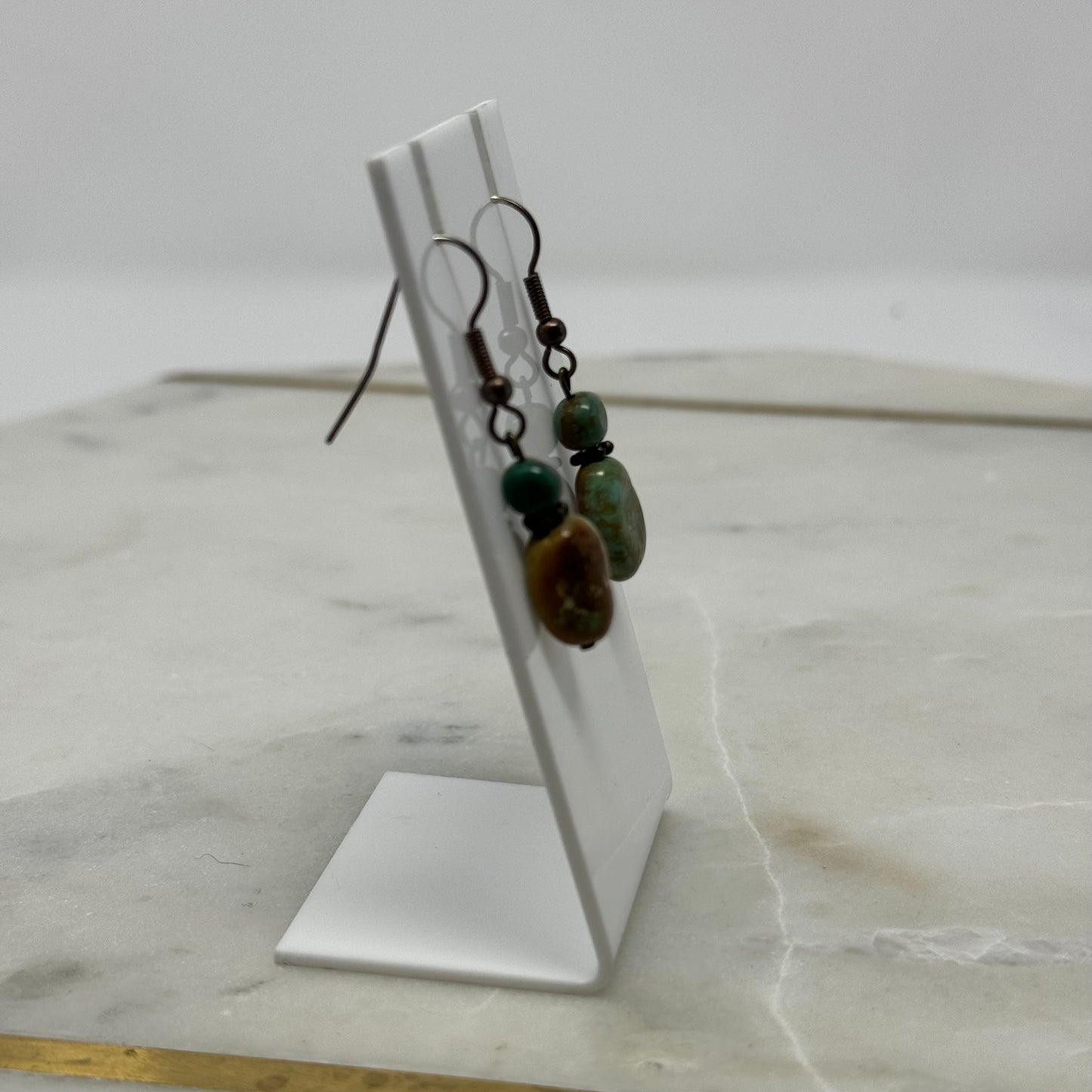 Earrings Boho Natural Brown Green Stone Beaded 1.5 in Dangles Hook