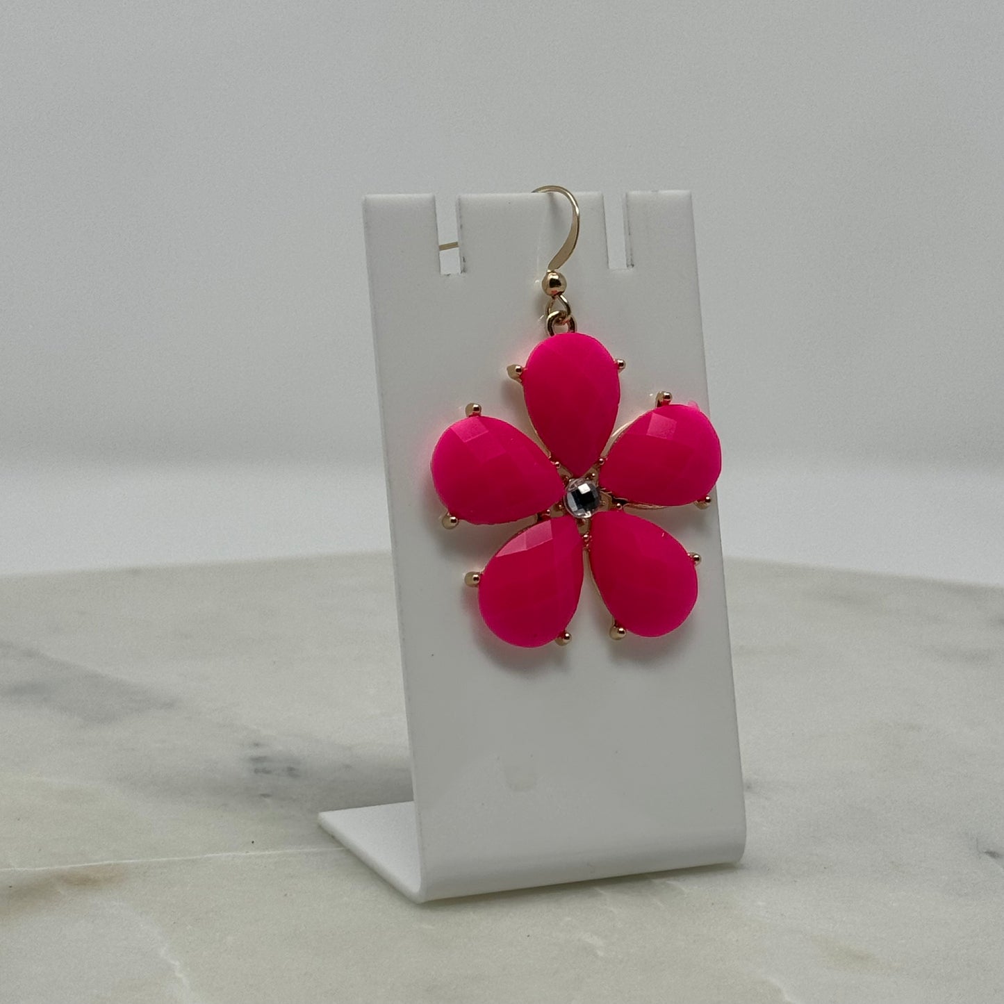Vibrant Pink Flower Rhinestone Dangle Hook Earrings