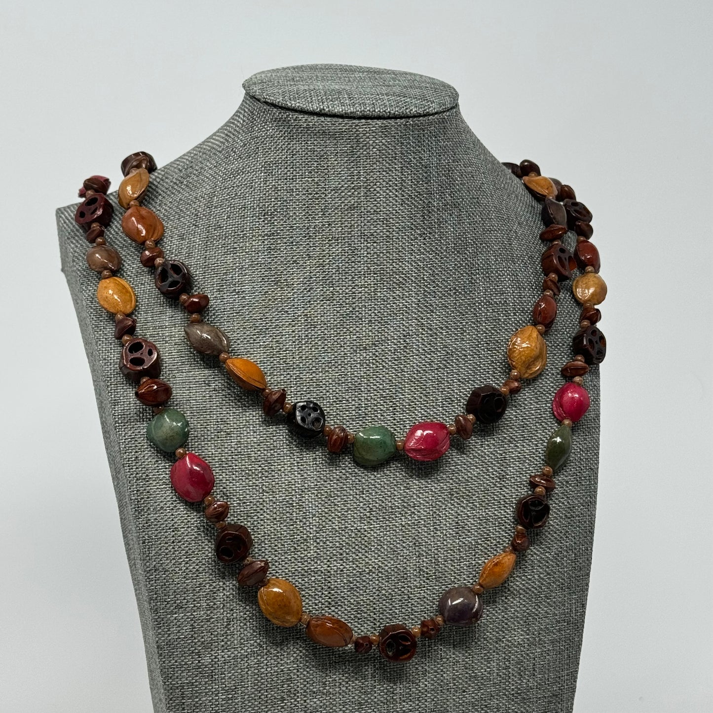 Artisan Hand-carved Bead Necklace - Boho Multi-Colored Statement Jewelry Handmade