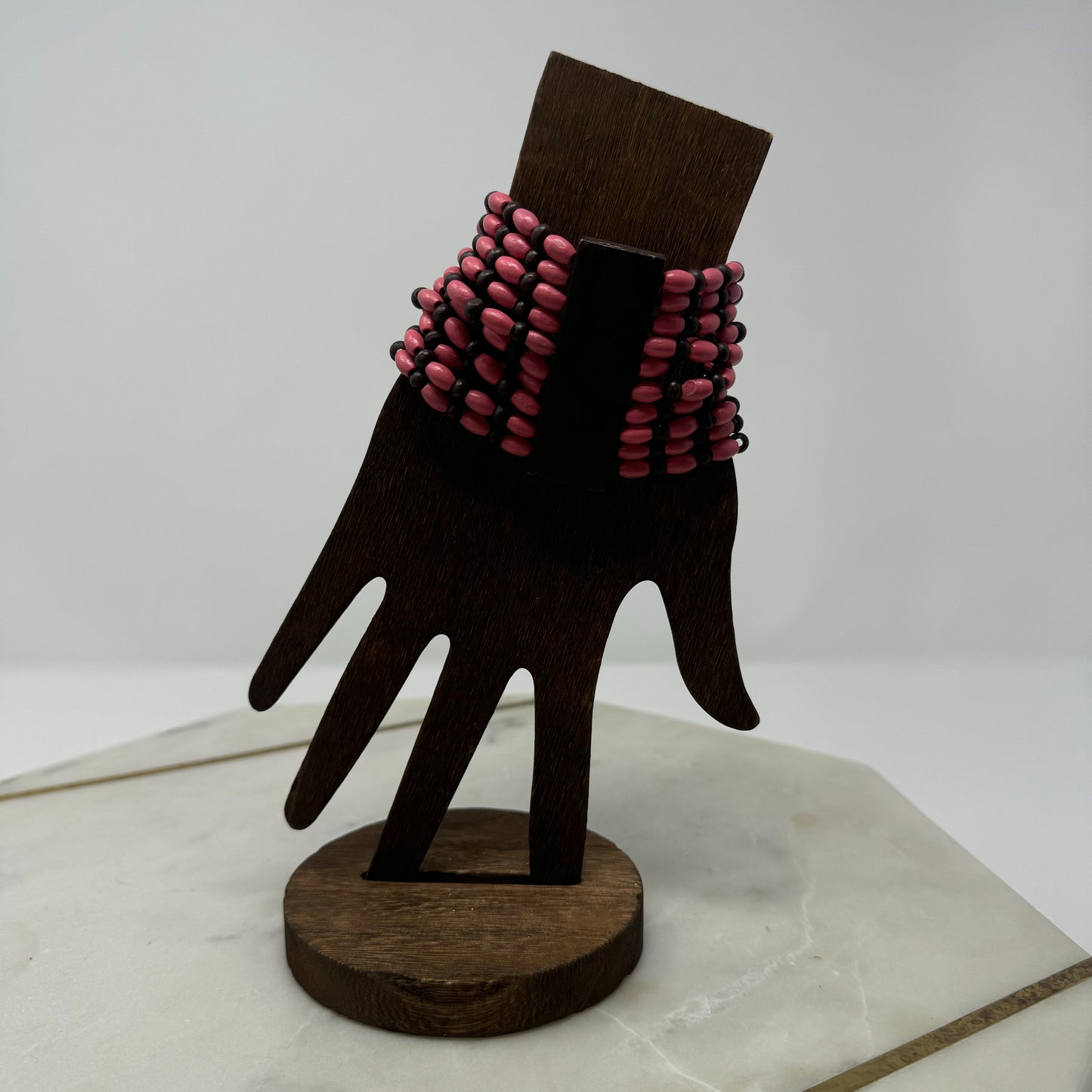 Bracelet Boho Multi-Layer Pink Tall Cuff Bangle Wood Beads 7.75 in Costume Jewelry