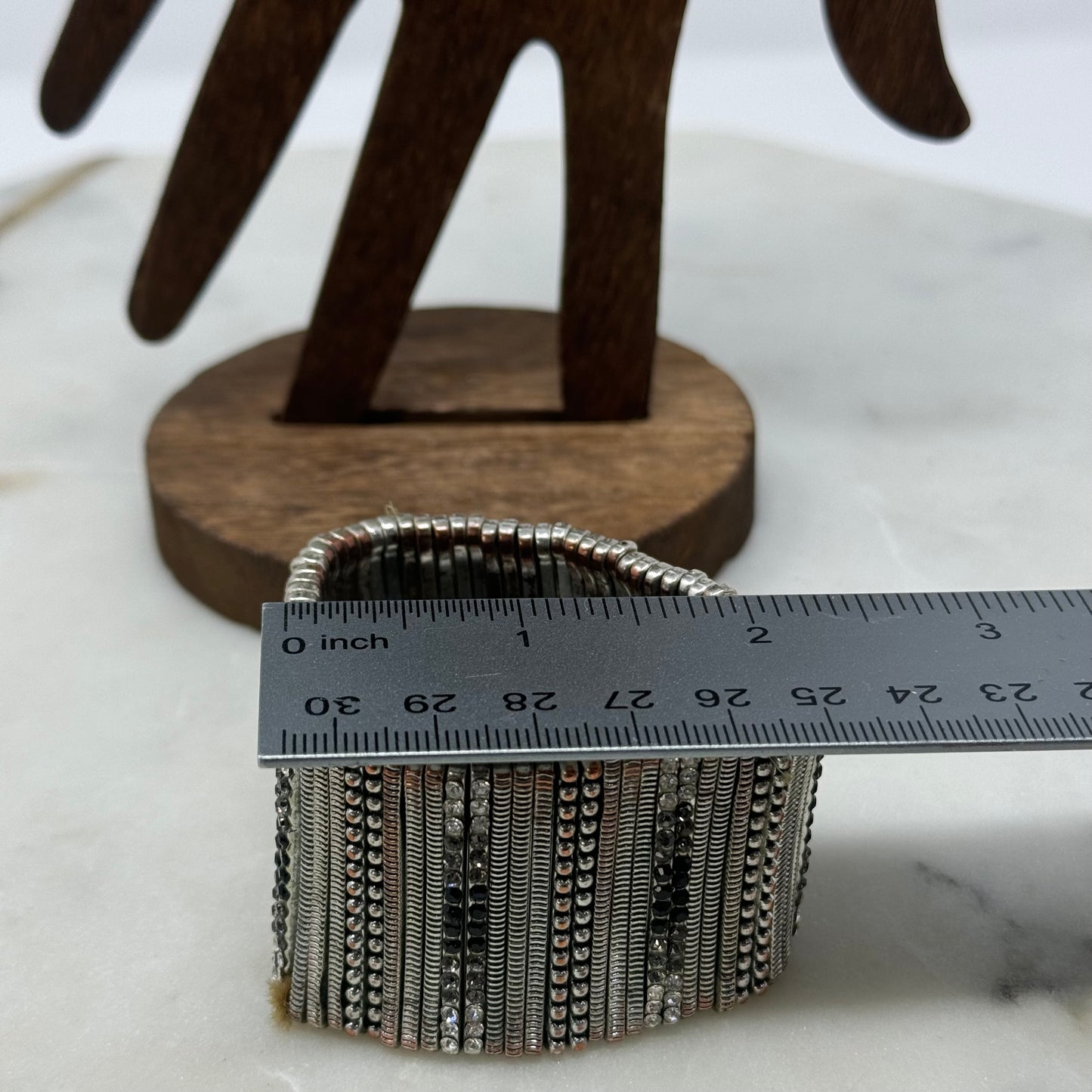 Bracelet Boho Southwest Metal Work Rhinestone Stretch Cuff 7.5 in Costume Jewelry