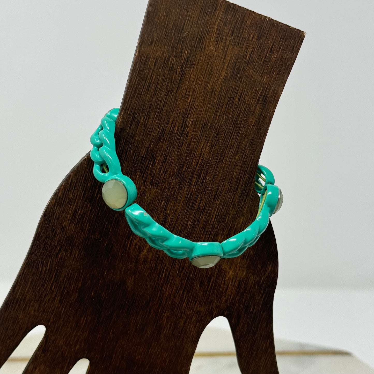 Bracelet Boho Teal Segmented Metalwork Chain Links Cuff Bangle 7.5 in Costume Jewelry