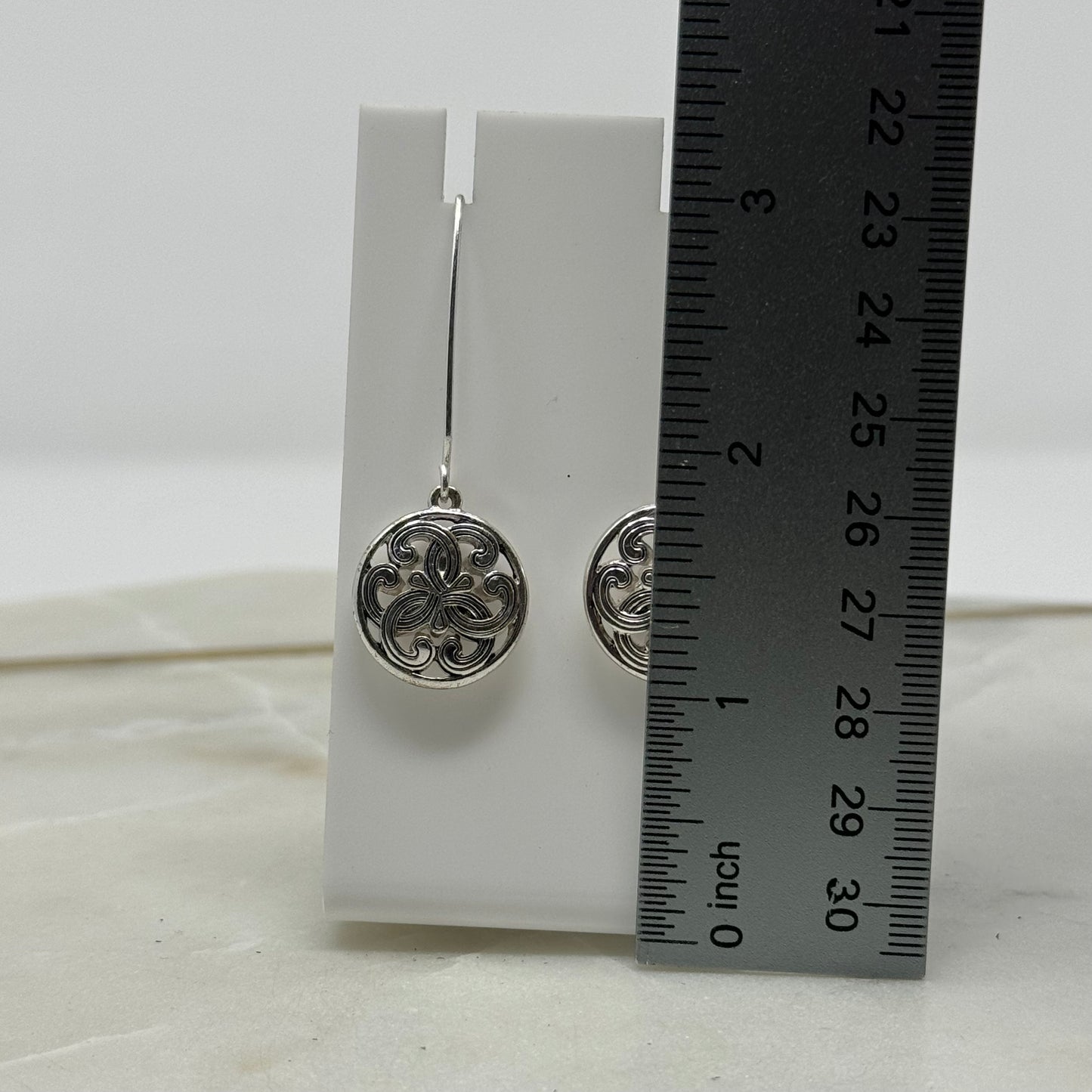 Round Silver Intricate Dangle Long Hook Earrings