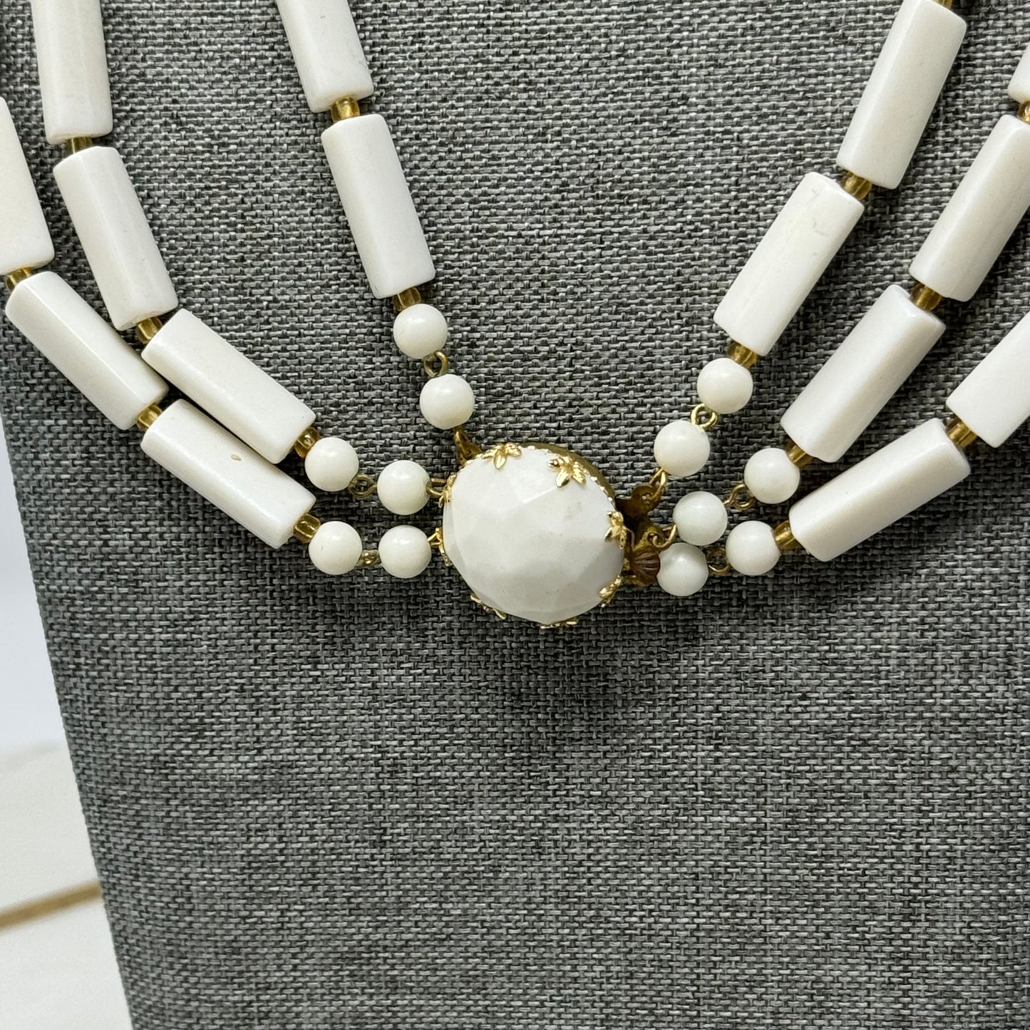 Vintage Necklace Statement Multi Strand Beaded White Box Clasp 15 in Jewelry