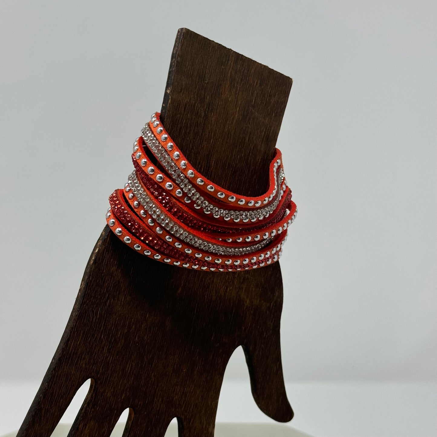 Bracelet Boho Southwest Layer Orange Faux Leather Rhinestone Cuff 9.25 in