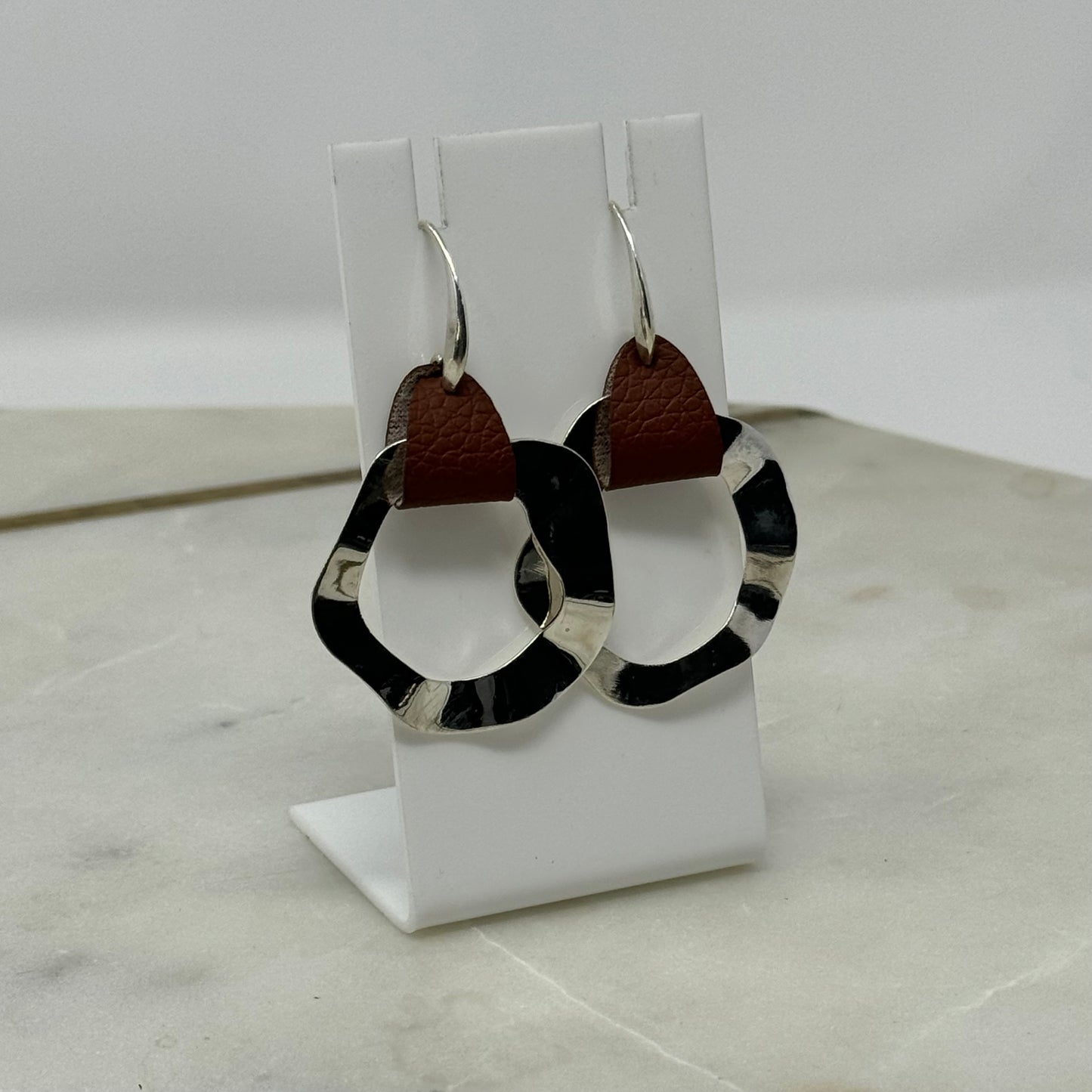 Earrings Boho Modern Southwest Leather Silver Tone Abstract Artisan Dangle Hook 2.5 in