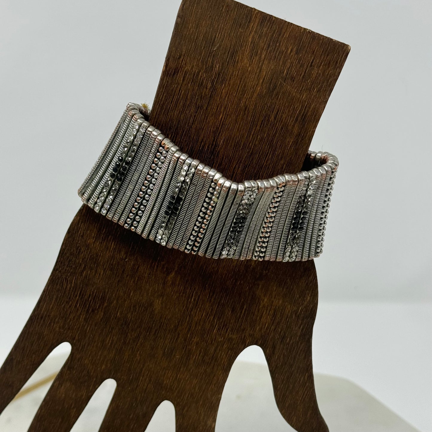 Bracelet Boho Southwest Metal Work Rhinestone Stretch Cuff 7.5 in Costume Jewelry