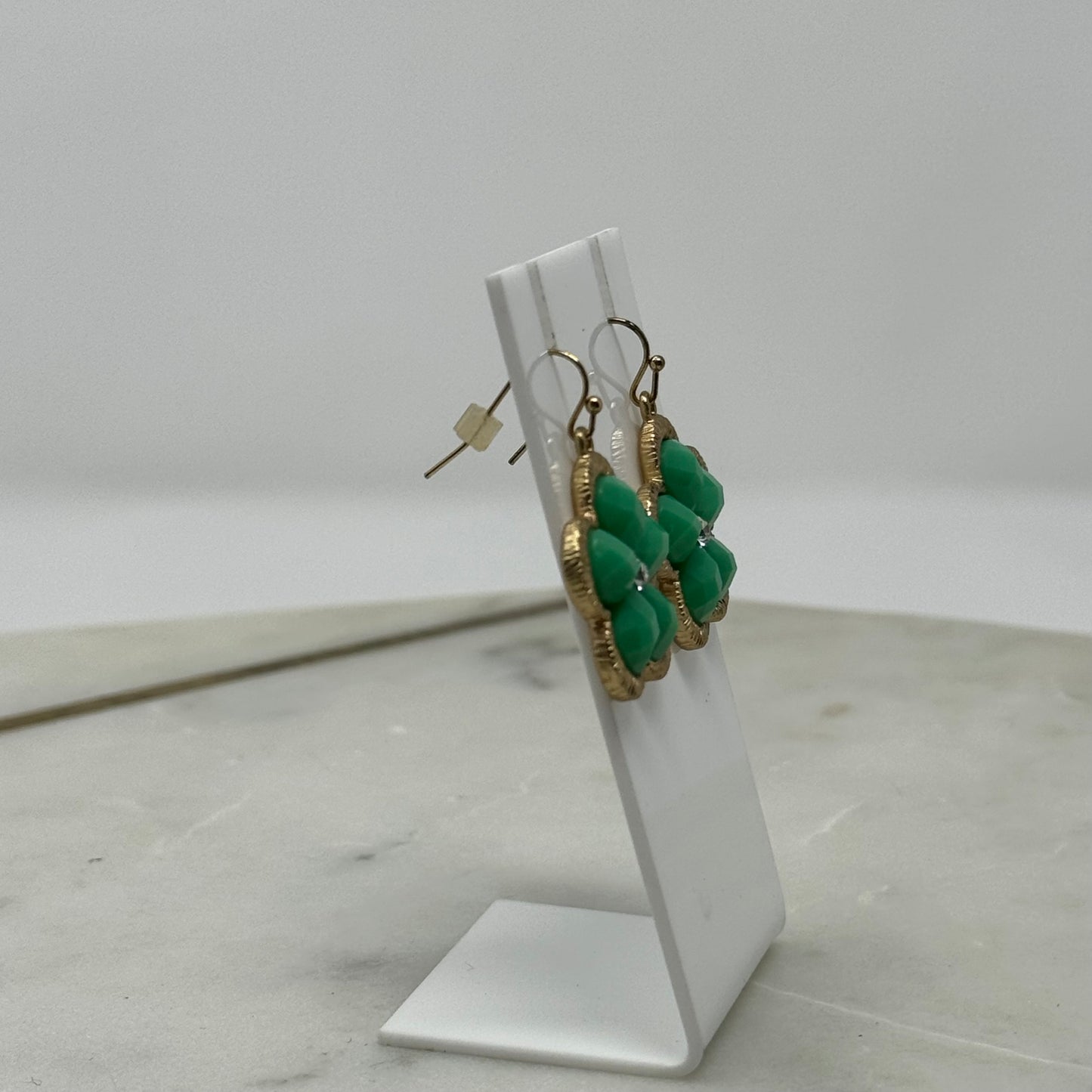 Green & Gold Flower Rhinestone Dangle Hook Earrings