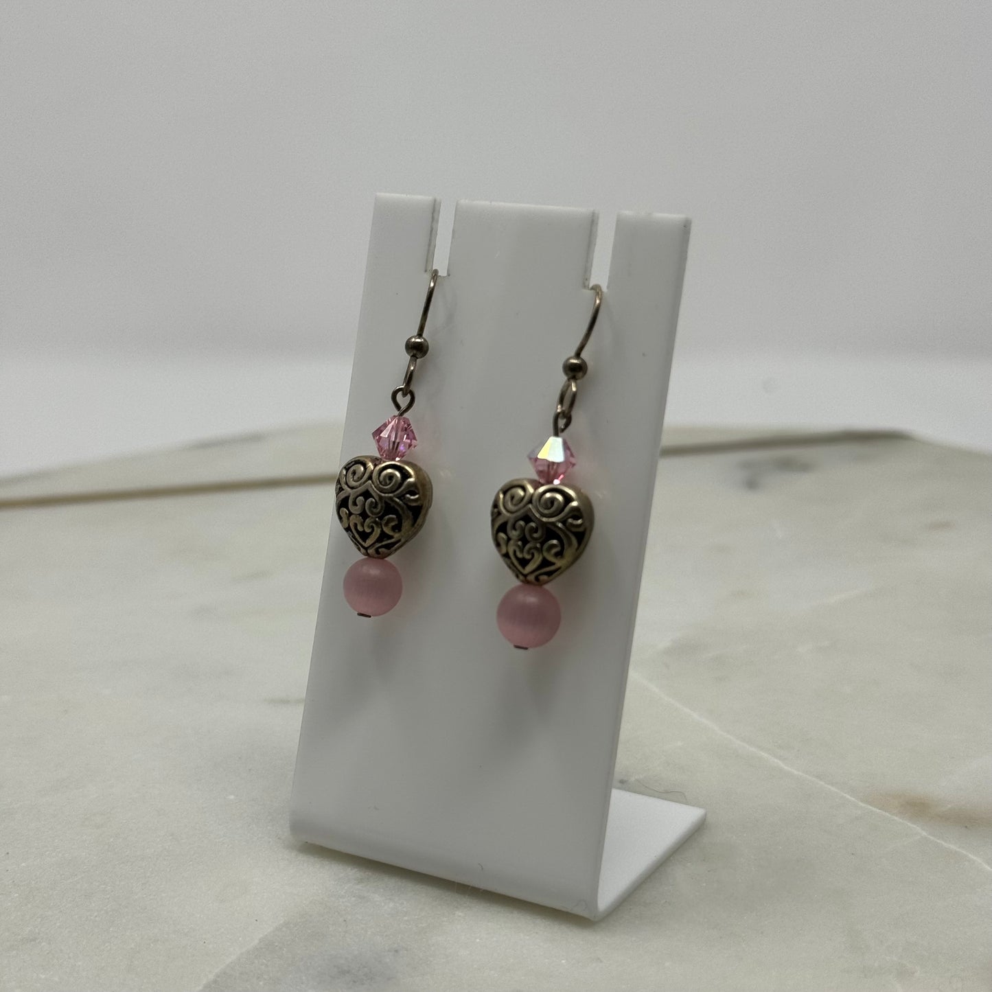 Pink Beaded Heart Dangle Hook Earrings