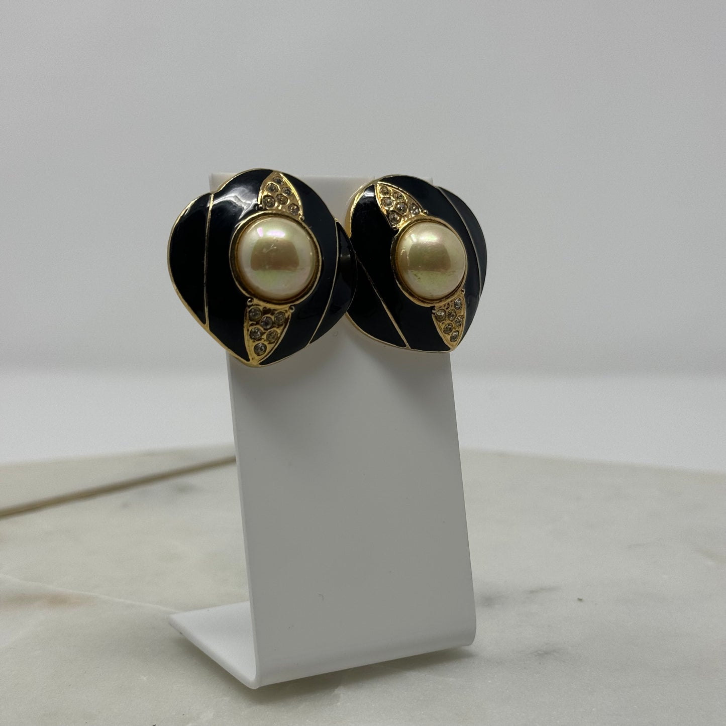 Vintage Black & Gold Accent Pearl Statement Post Earrings