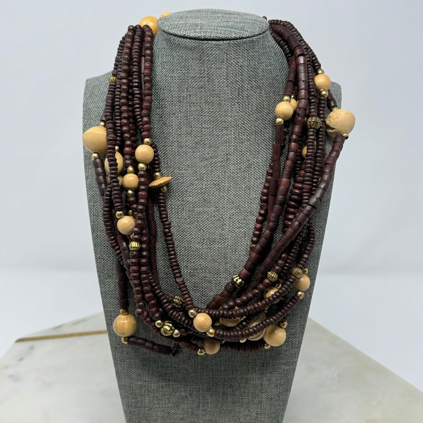 Unique Handmade Multi-Strand Necklace Brown & Beige Beaded - Boho Wood Statement Jewelry