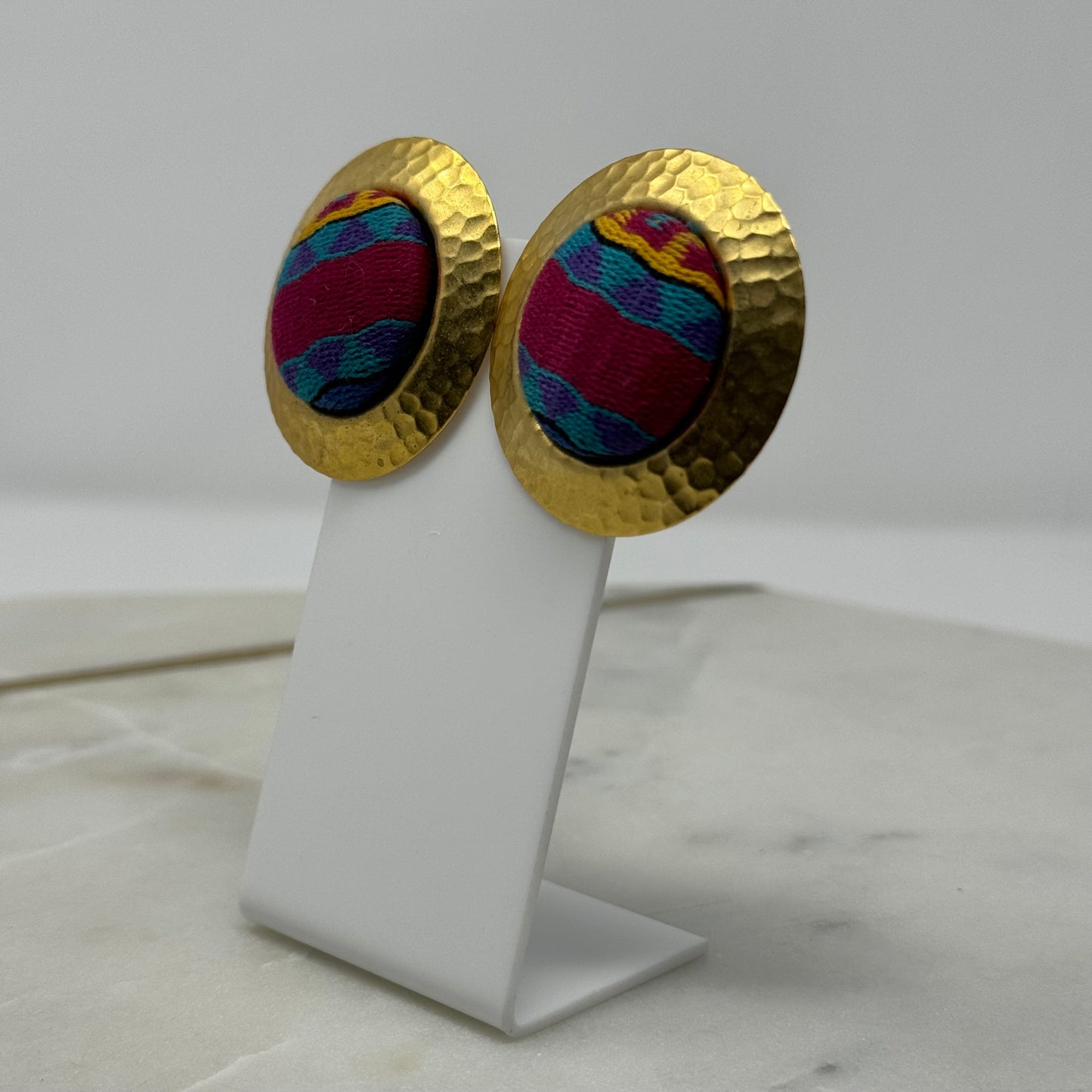1990’s Boho Large Round Gold Hammered Post Earrings