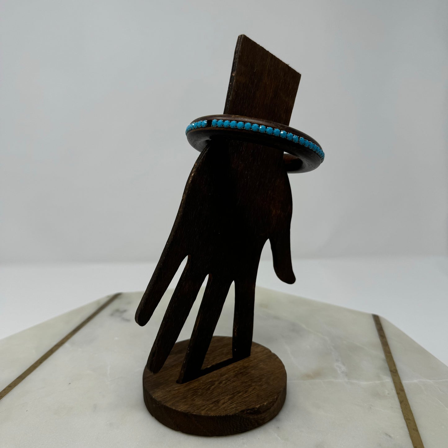 Vintage Wood Bangle Bracelet with Turquoise Bead Accents - Boho Chic, Rustic Handmade Jewelry