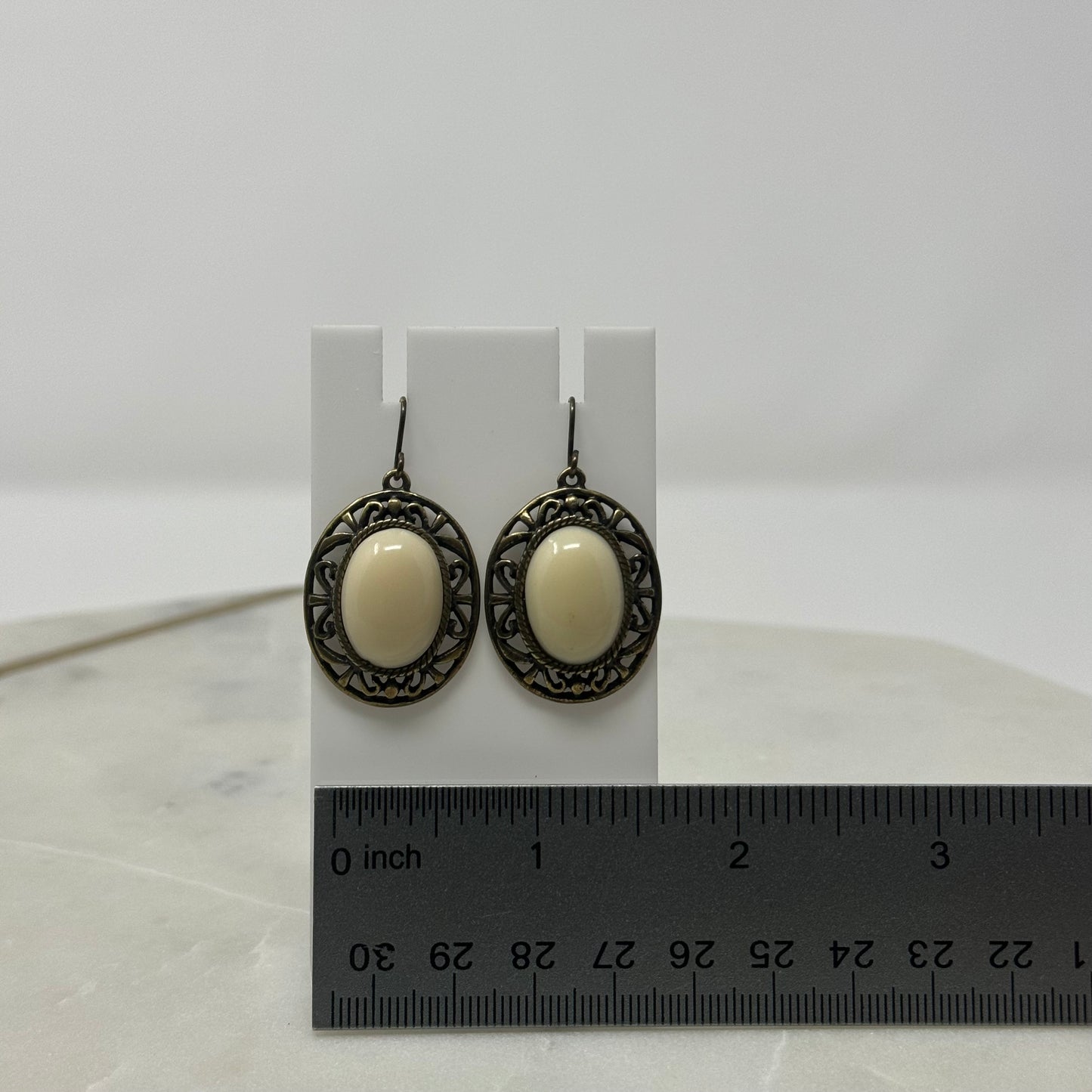 Oval Brass & White Dangle Earrings