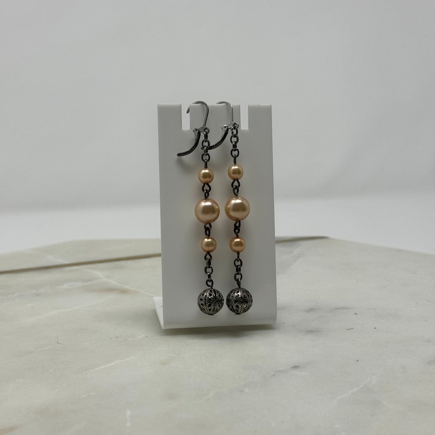 Peach Pearl Dangle Statement Leverback Earrings