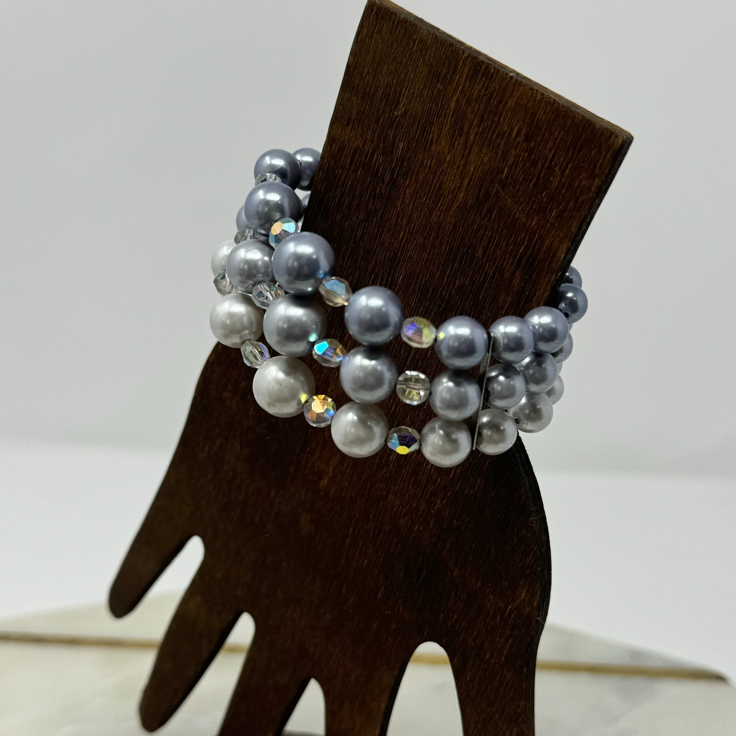 Bracelet Faux Pearl Multi Row Silver Tone Beaded Rhinestone Spacer Wrap Cuff Bangle 6 Inch