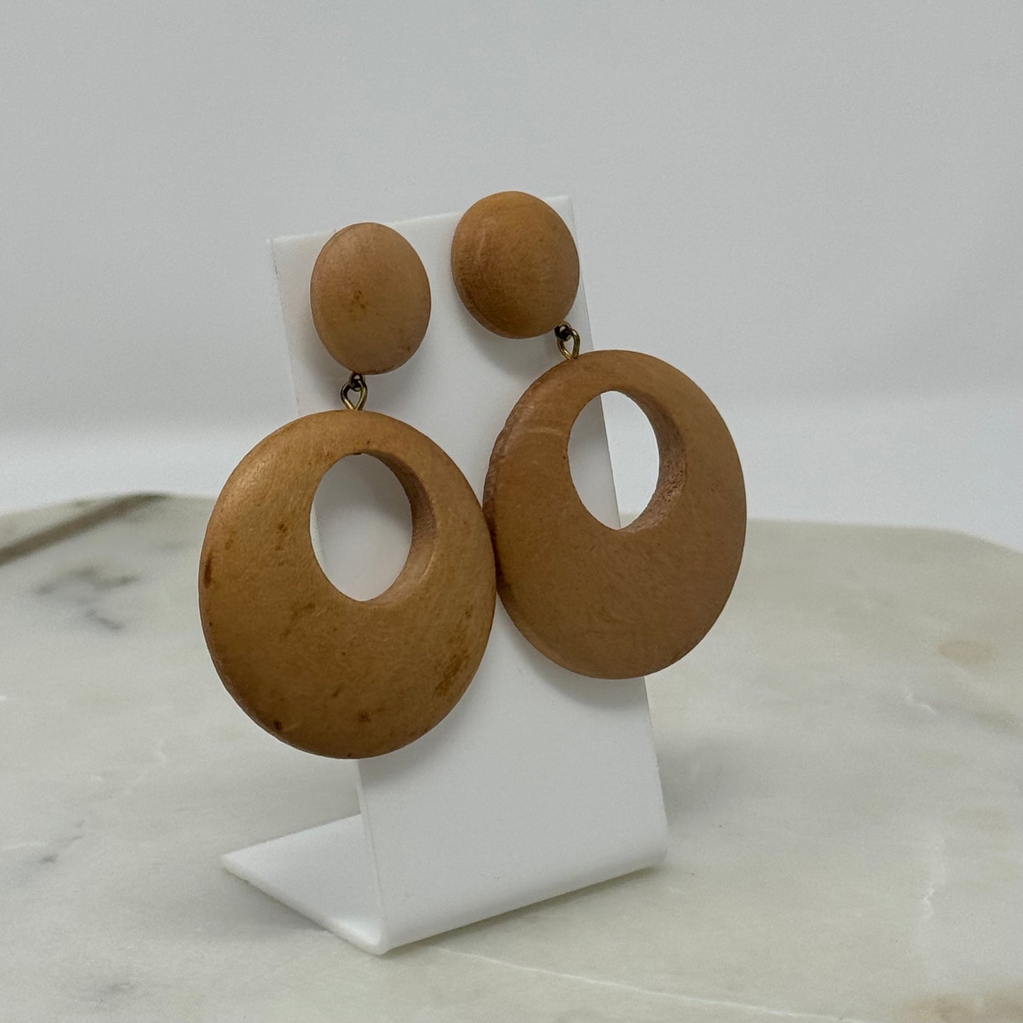 Earrings Boho Wood Dangles Round Stud 2.5 Inch Drop Pierced Ears