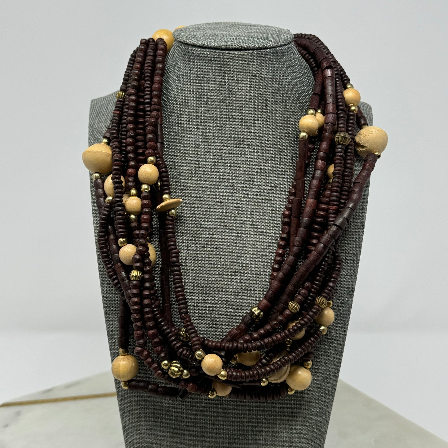 Unique Handmade Multi-Strand Necklace Brown & Beige Beaded - Boho Wood Statement Jewelry