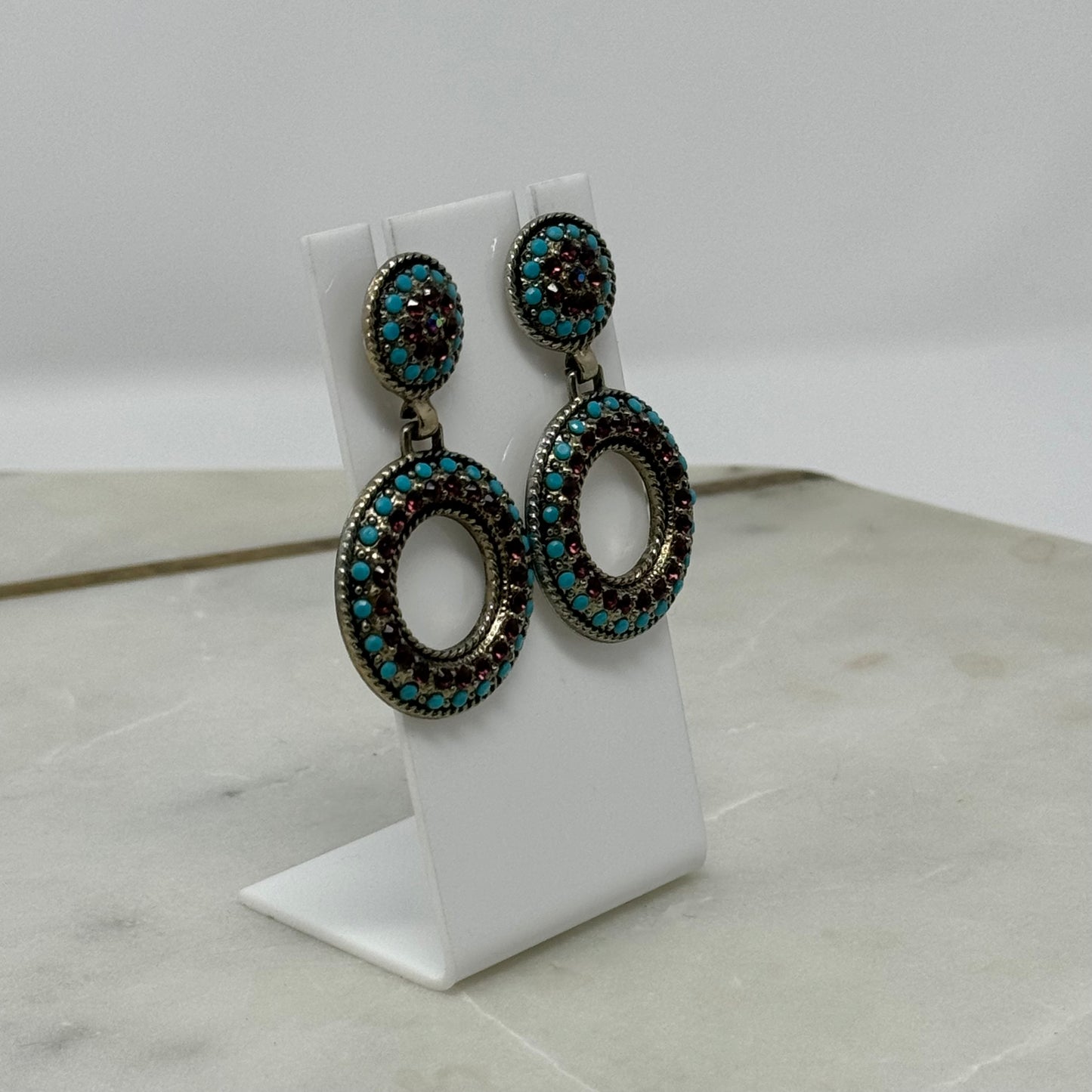Earrings Boho Southwest Round Stud Dangles Blue Silver Tone Stud 2 in Drop