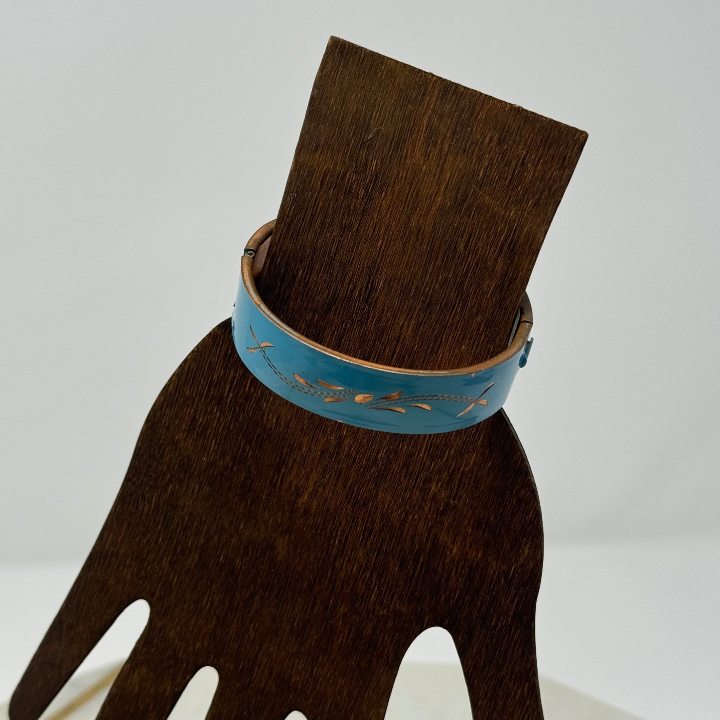 Vintage Blue Bangle Bracelet with Gold Accents - Mid-Century Modern, Floral Design, Retro Statement Jewelry