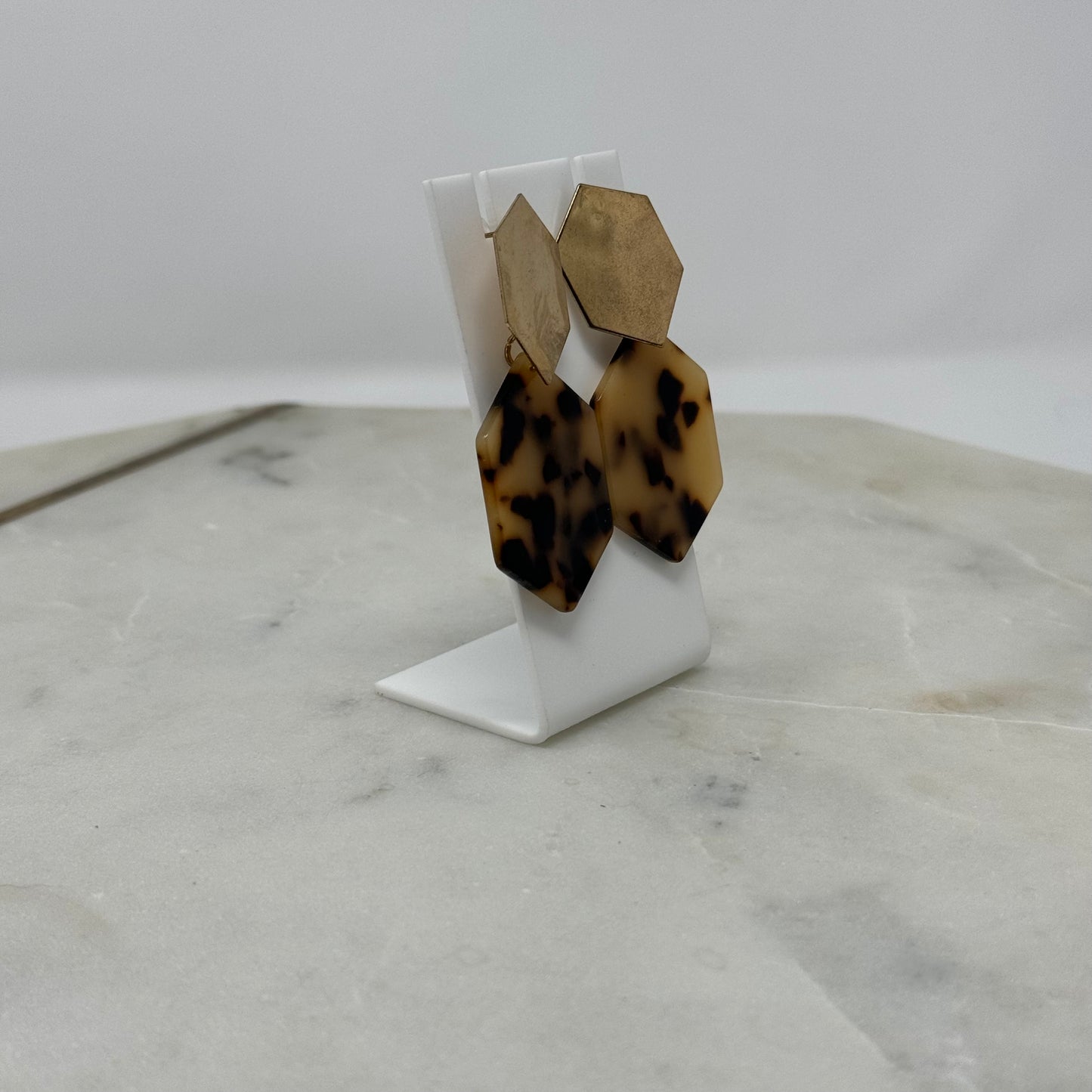 Earrings Boho Southwest Dangle Stud Modern Faux Tortoise Shell Hexagon Gold Tone 2.5 in