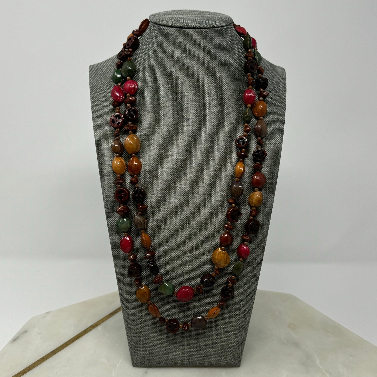 Artisan Hand-carved Bead Necklace - Boho Multi-Colored Statement Jewelry Handmade