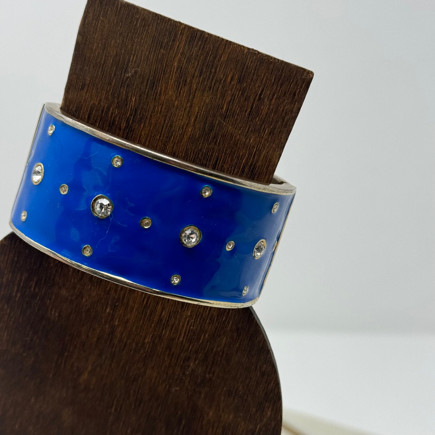 Bracelet Blue Wide Metal Cuff Rhinestone Hinge Bangle 7.5 in Costume Jewelry