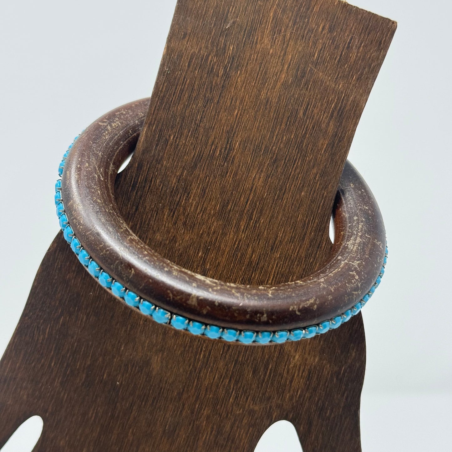 Vintage Wood Bangle Bracelet with Turquoise Bead Accents - Boho Chic, Rustic Handmade Jewelry