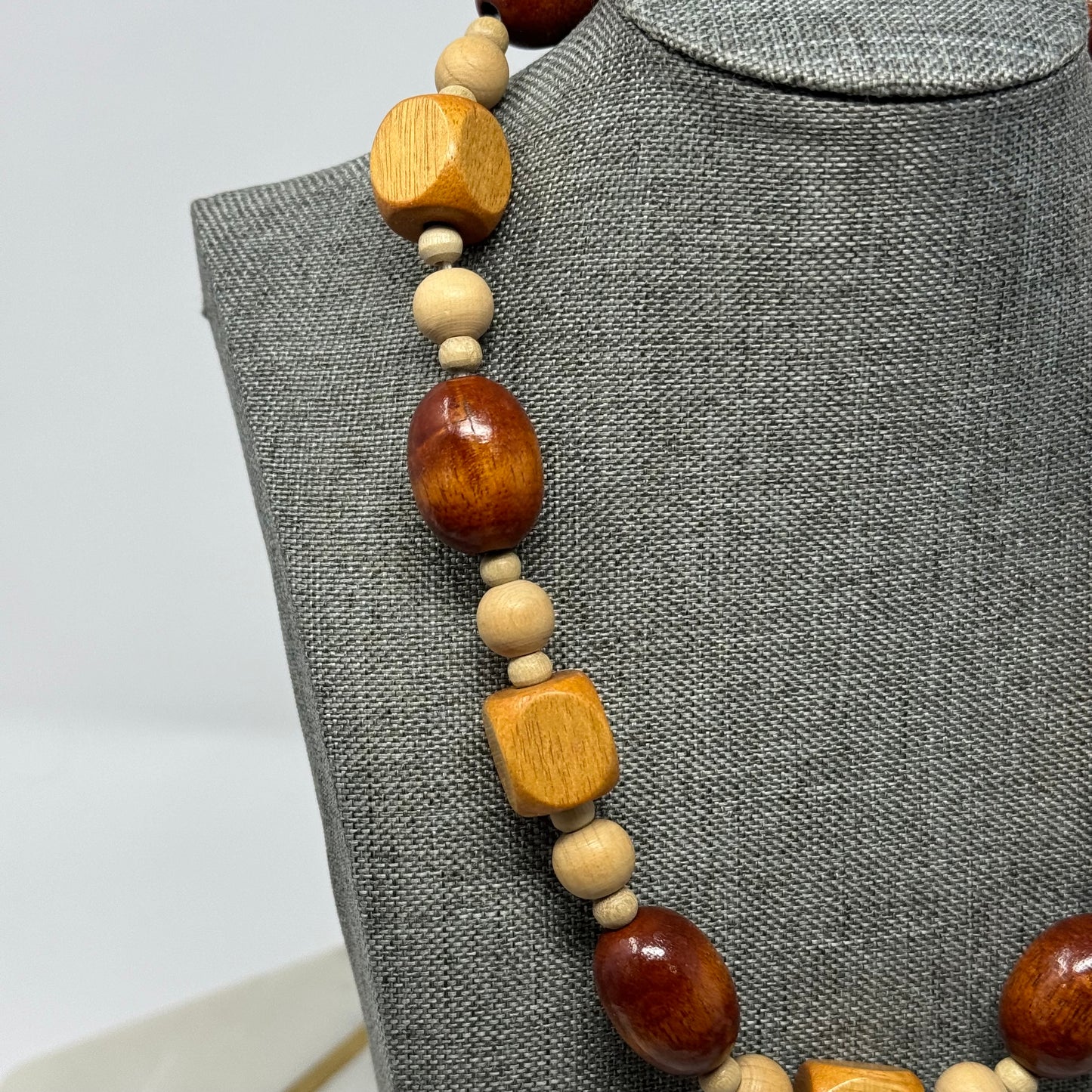 Necklace Boho Beaded Statement Wood Beige 18 inch Fashion Jewelry