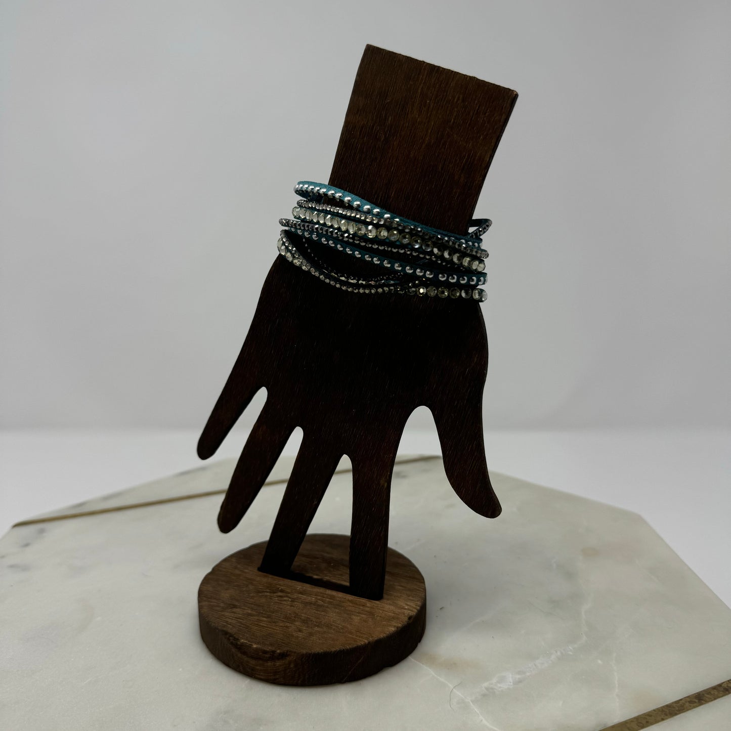 Bracelet Boho Southwest Layer Blue Faux Leather Rhinestone Cuff 9.25 in
