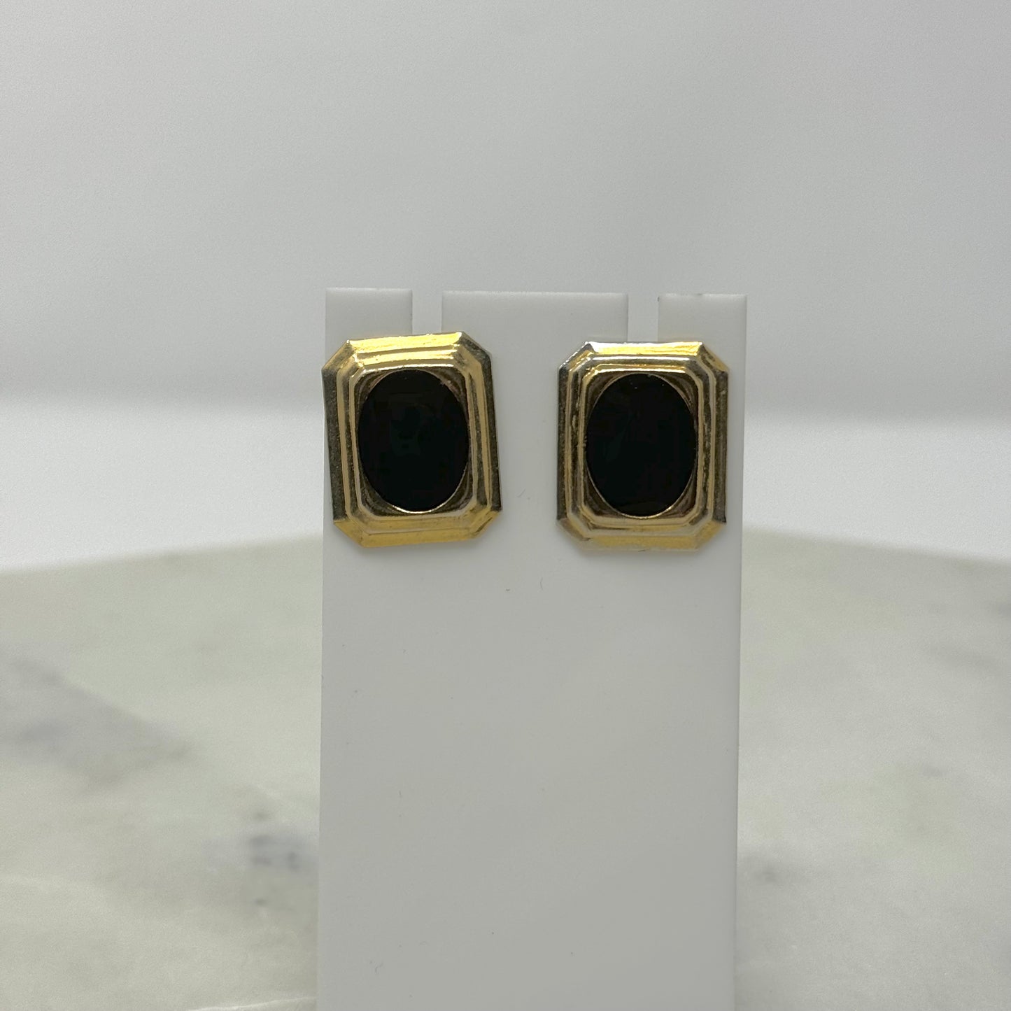 Vintage Black & Gold Beveled Rectangle Clip-On Earrings