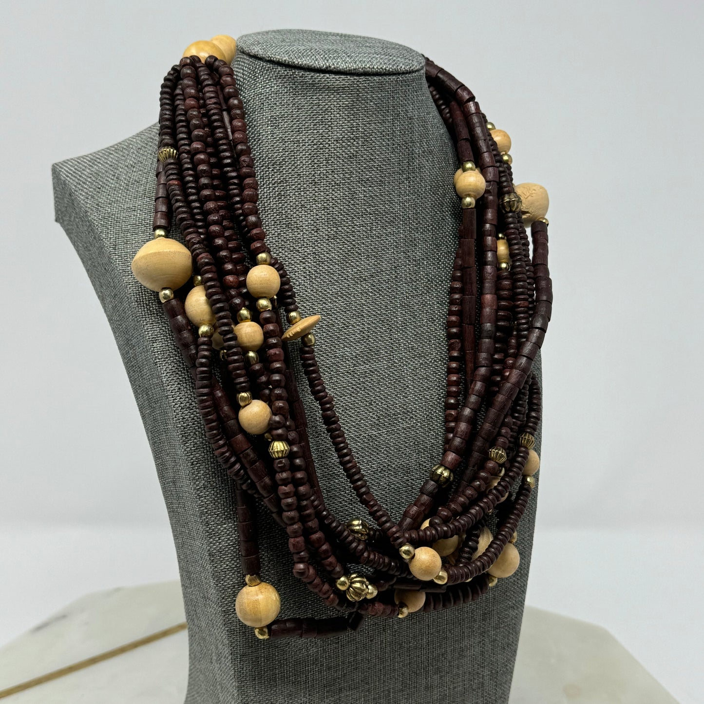 Unique Handmade Multi-Strand Necklace Brown & Beige Beaded - Boho Wood Statement Jewelry
